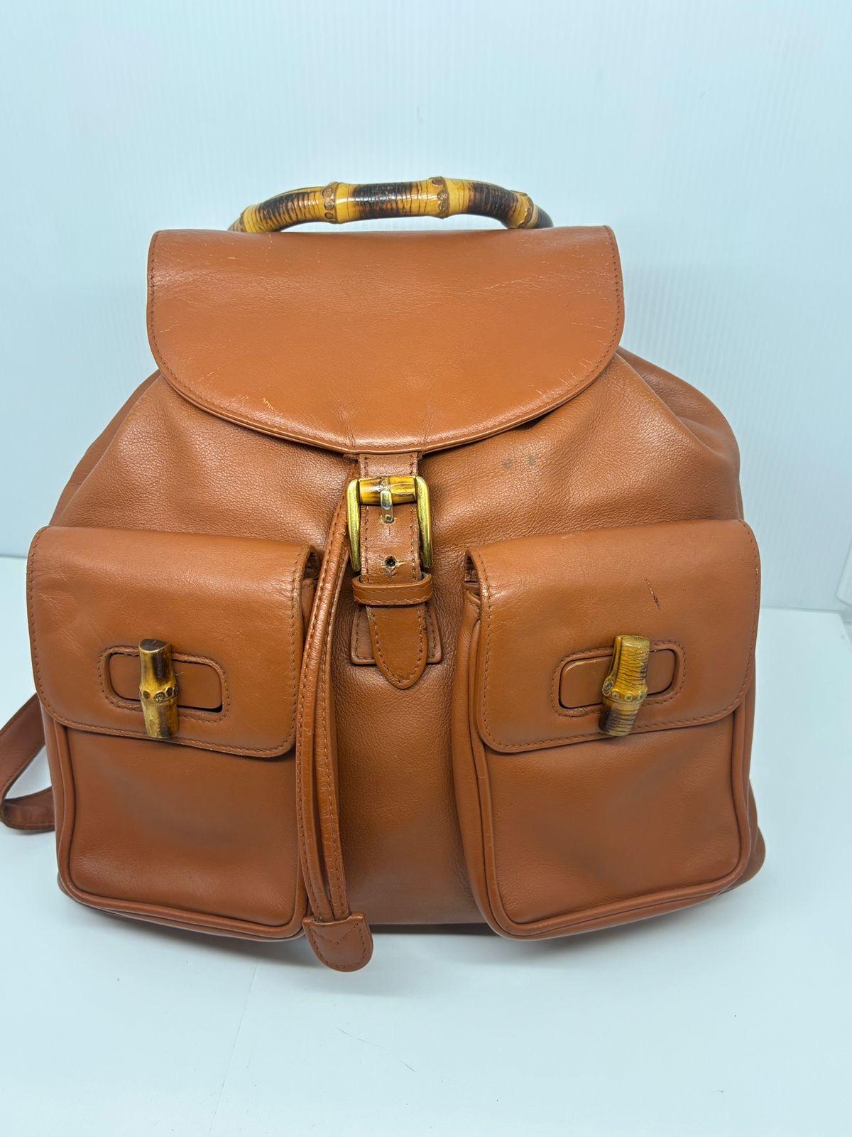 Sac à dos vintage Gucci en cuir Brown Bamboo en vente 8