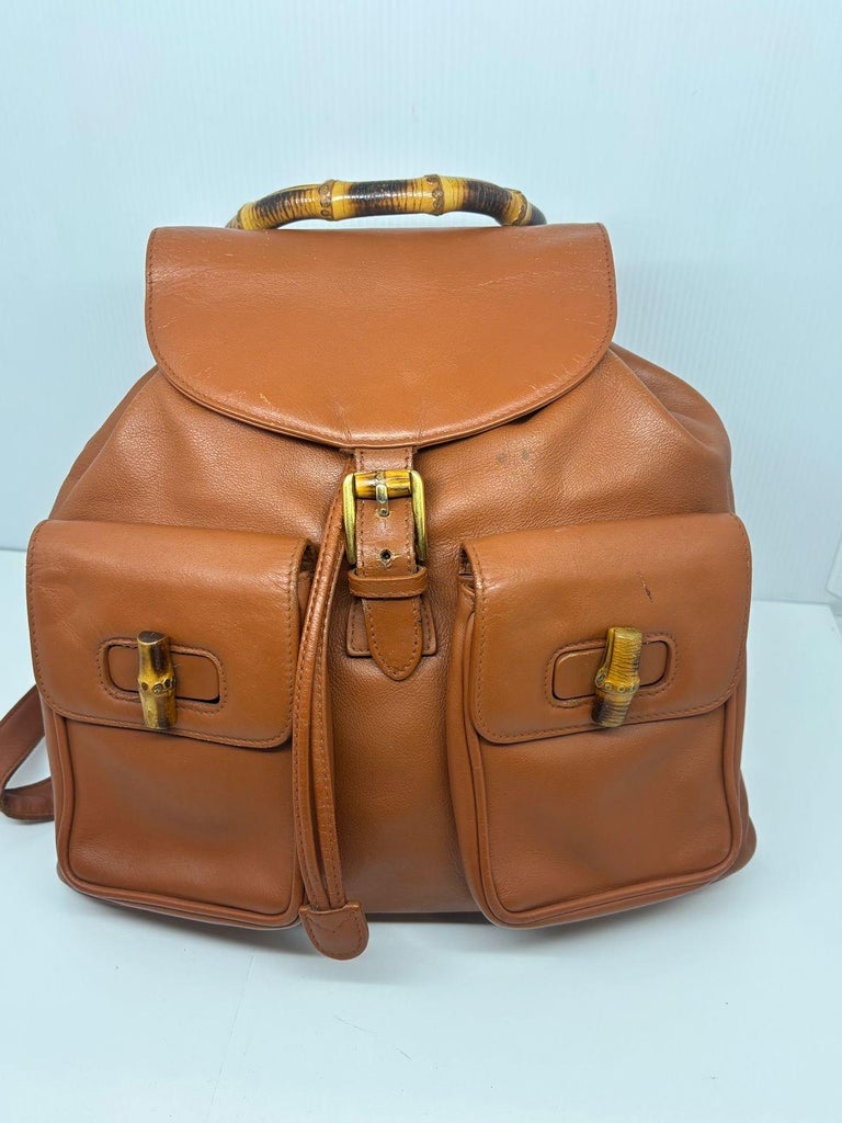 Vintage Gucci Brown Leather Bamboo Backpack For Sale at 1stDibs display picture 1
