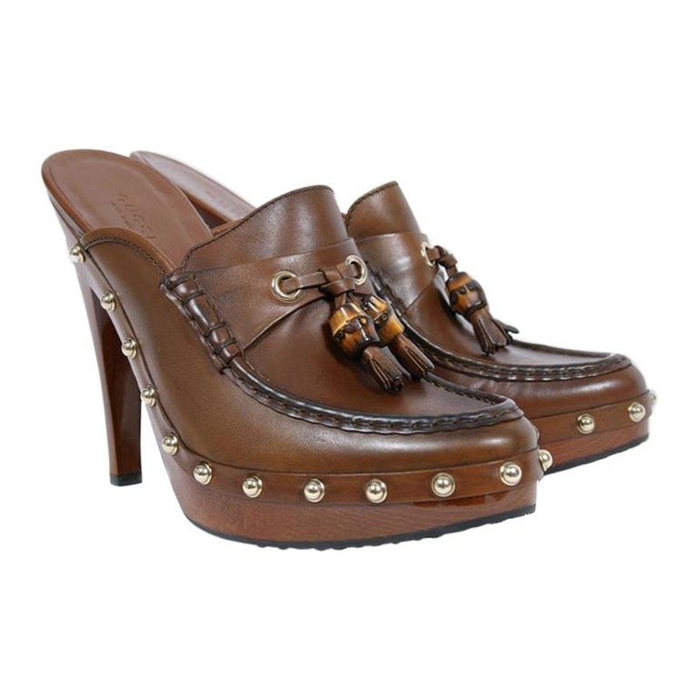 VINTAGE GUCCI BROWN LEATHER CLOG PLATFORM SHOES w/ BAMBOO and TASSEL ...
