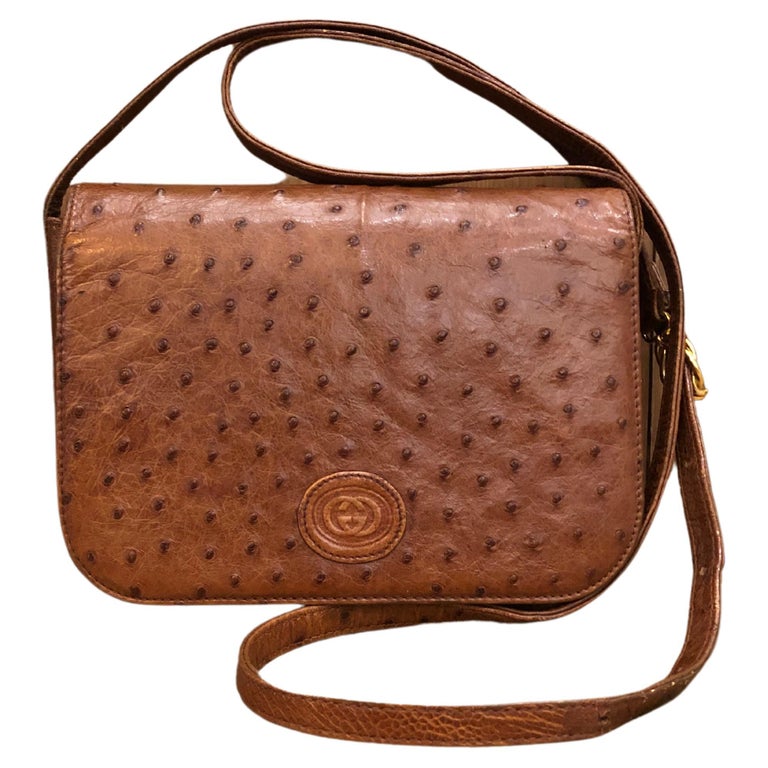Vintage GUCCI Brown Ostrich Leather Small Crossbody Bag For Sale at 1stDibs
