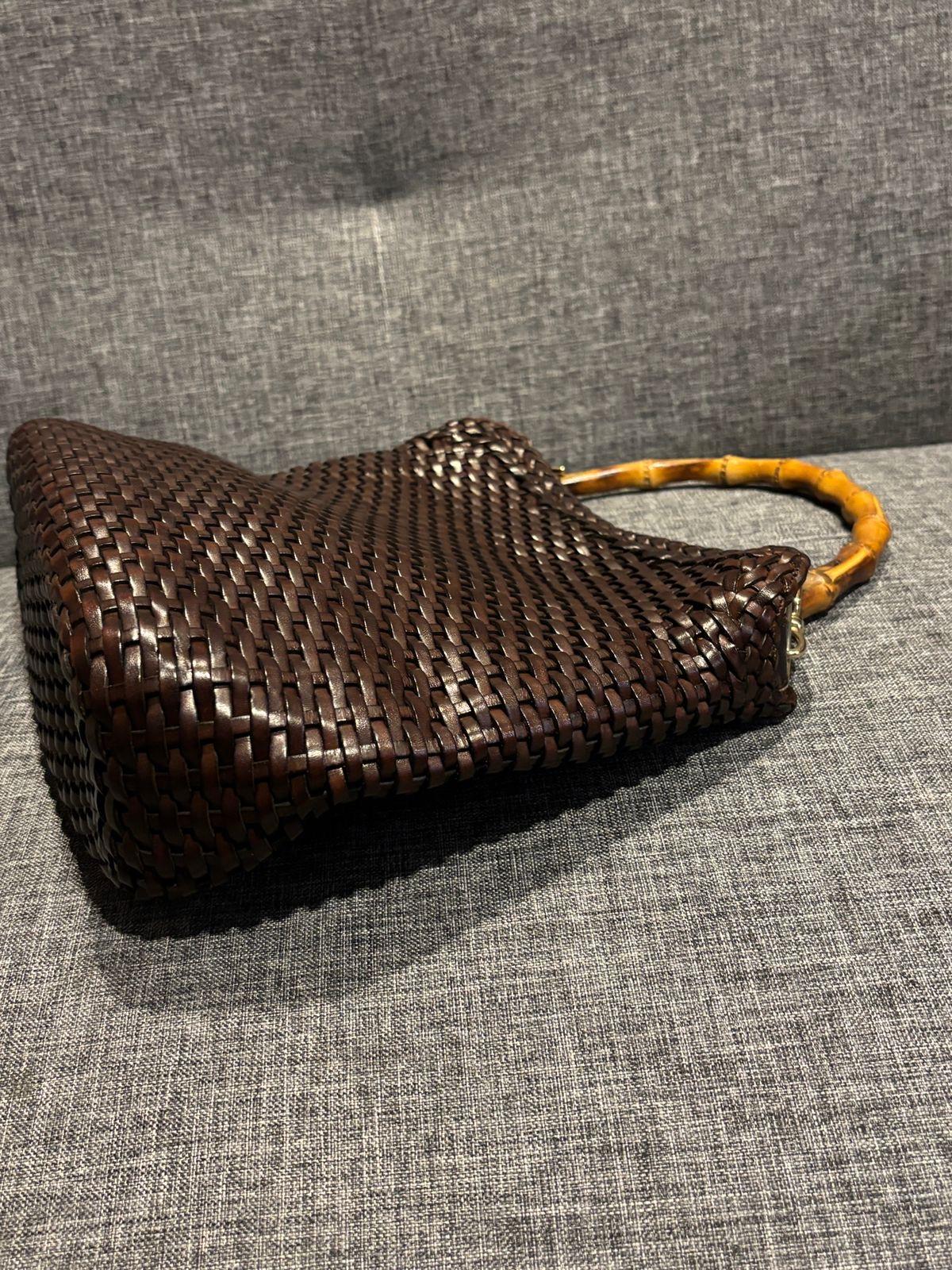 Vintage Gucci Brown Woven Leather Bamboo Top Handle Bag For Sale 5