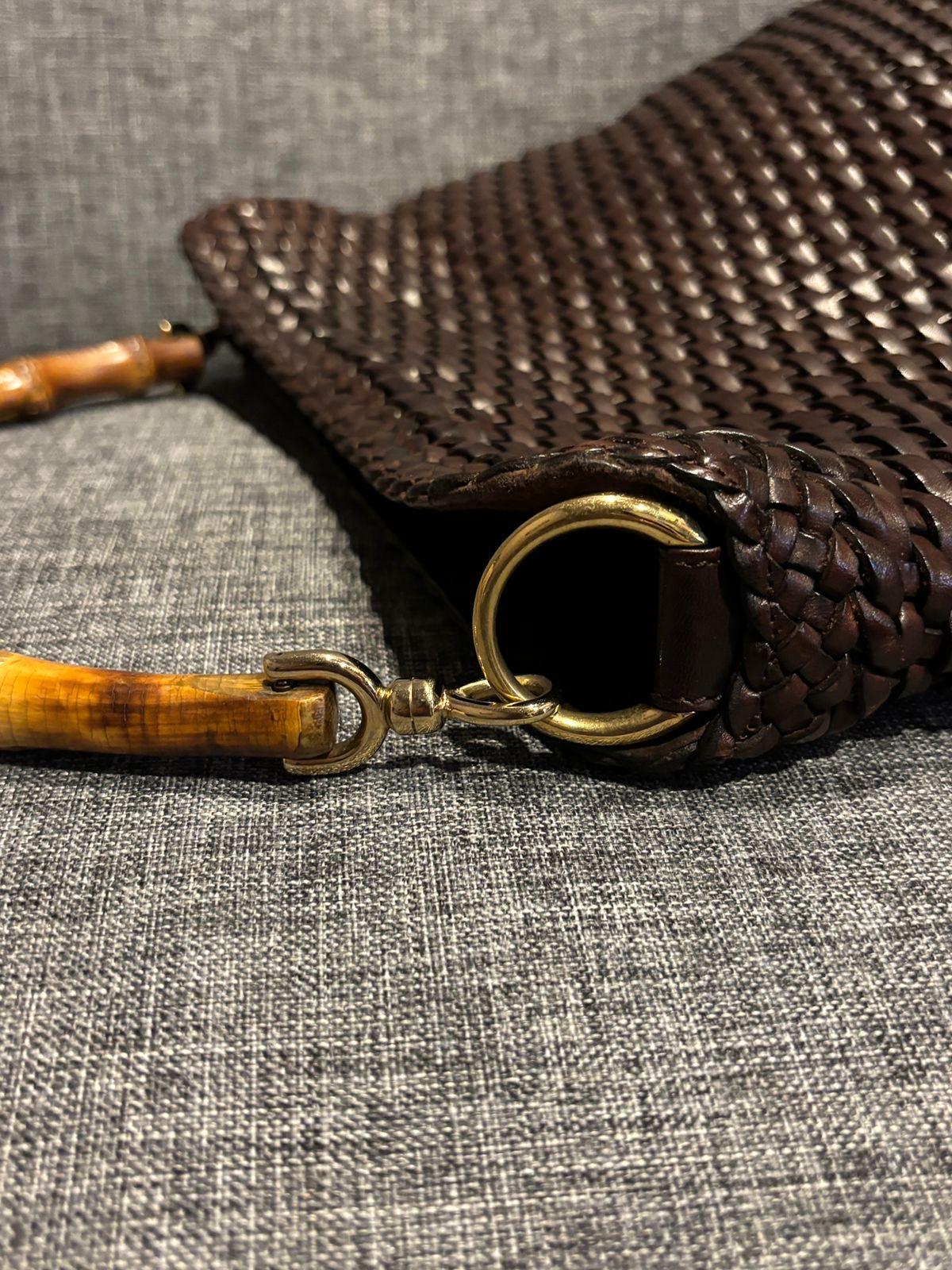 Vintage Gucci Brown Woven Leather Bamboo Top Handle Bag For Sale 7