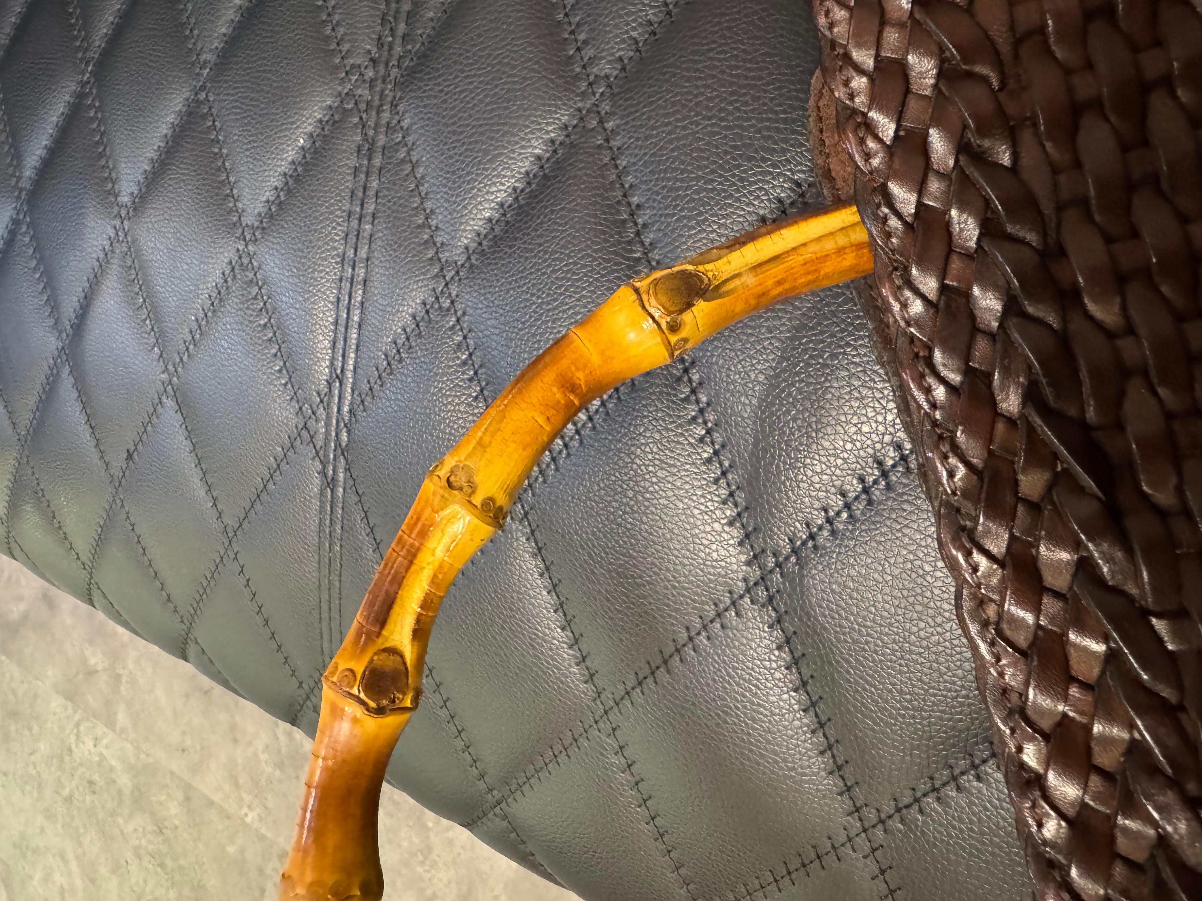 Vintage Gucci Brown Woven Leather Bamboo Top Handle Bag In Good Condition For Sale In Jakarta, Daerah Khusus Ibukota Jakarta