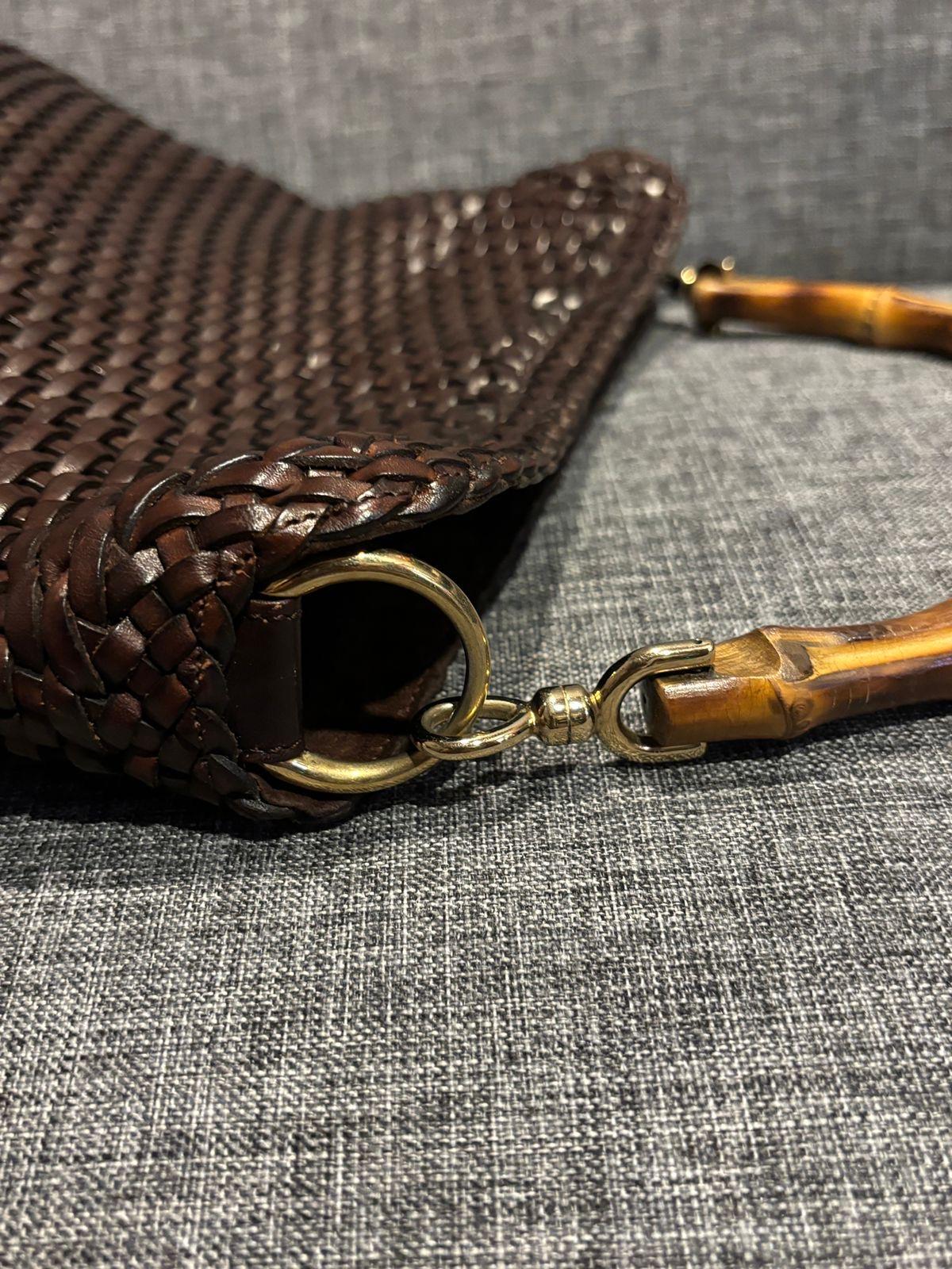 Vintage Gucci Brown Woven Leather Bamboo Top Handle Bag For Sale 2