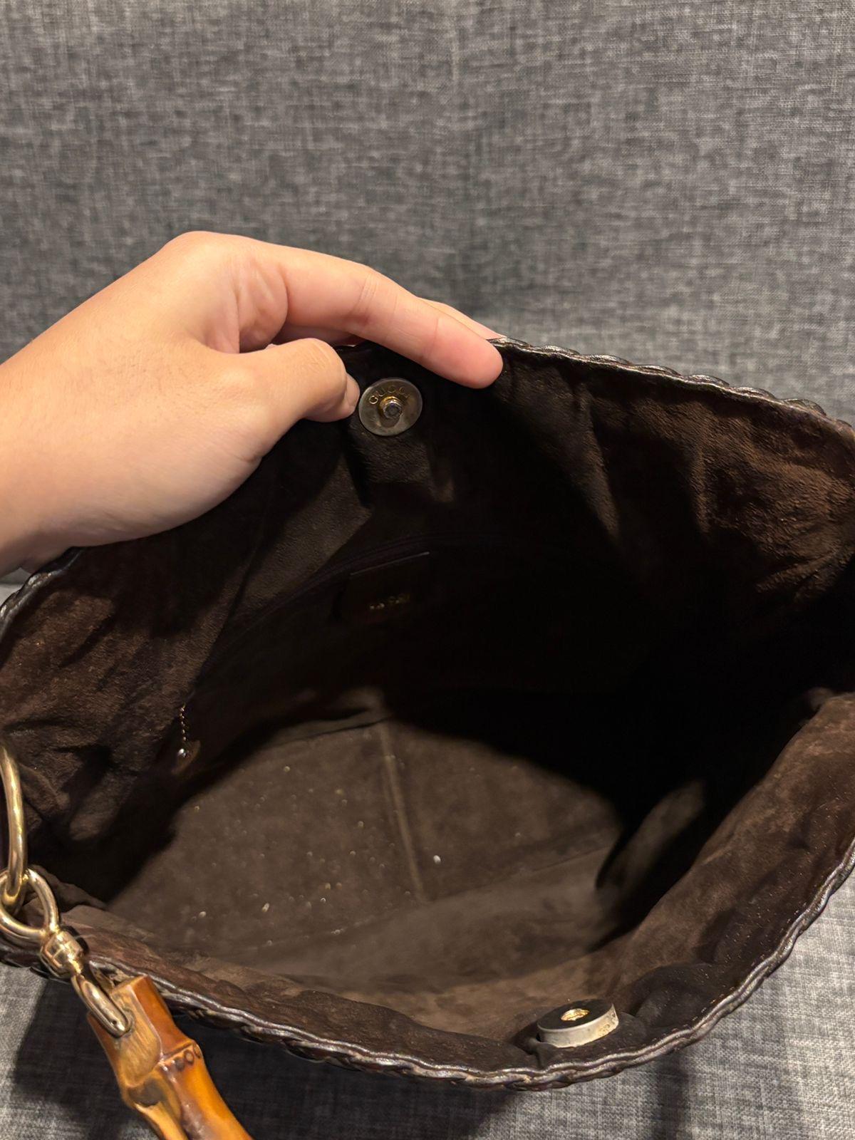 Vintage Gucci Brown Woven Leather Bamboo Top Handle Bag For Sale 3