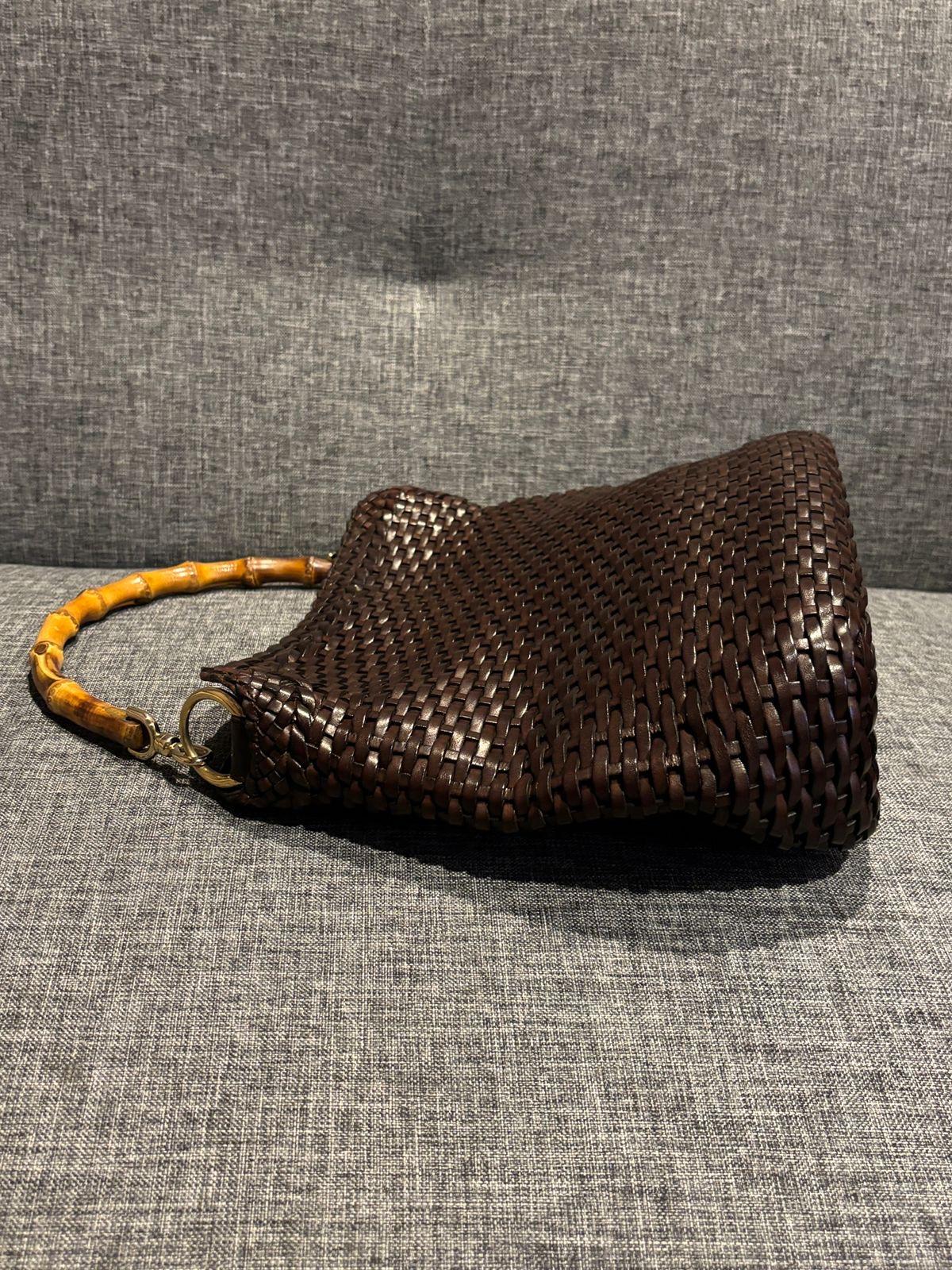 Vintage Gucci Brown Woven Leather Bamboo Top Handle Bag For Sale 4