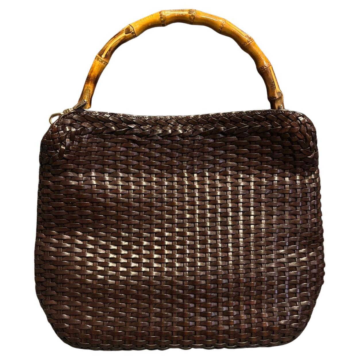 Vintage Gucci Brown Woven Leather Bamboo Top Handle Bag For Sale