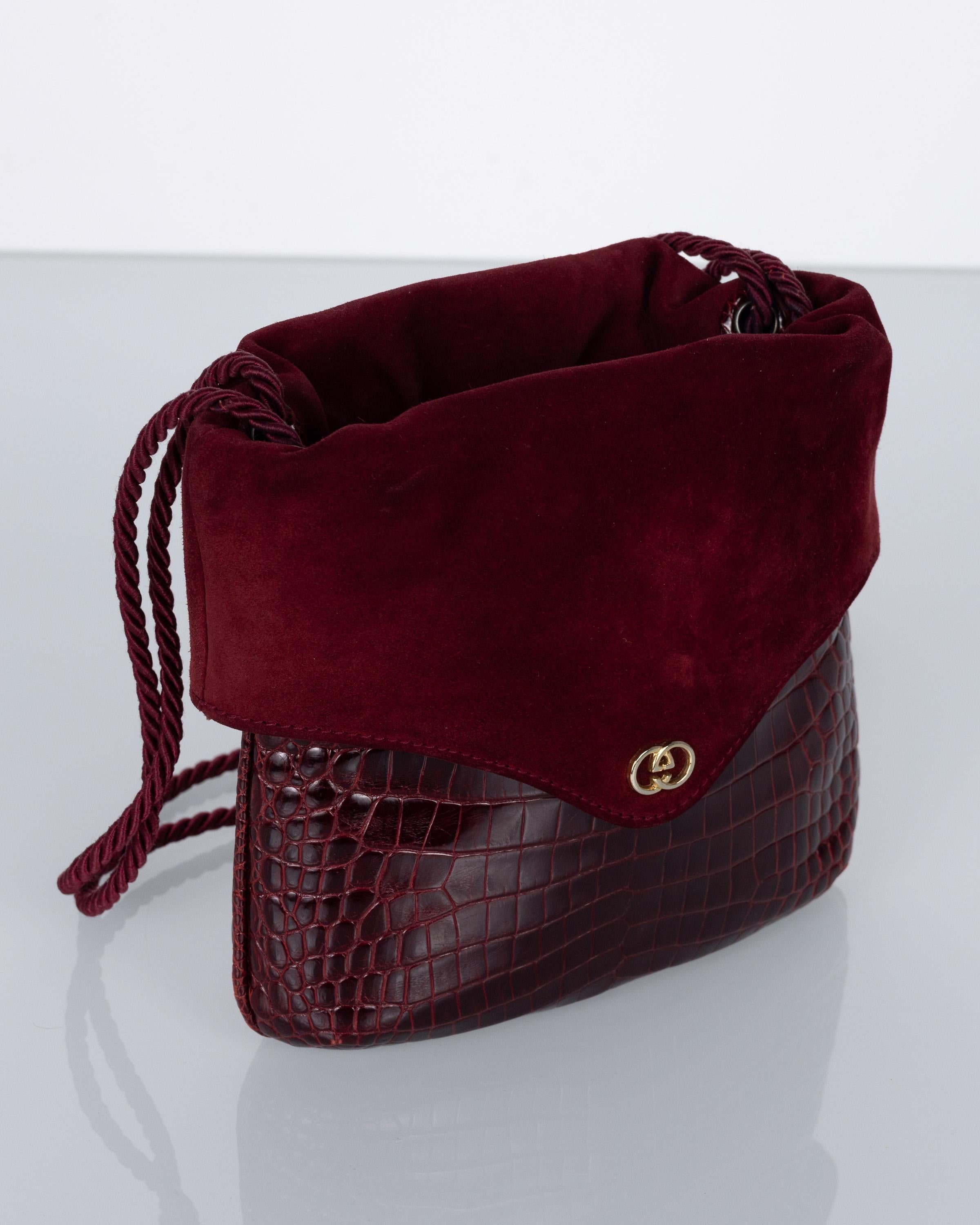 Black Vintage Gucci Burgundy Alligator Suede Shoulder Bag 1960s