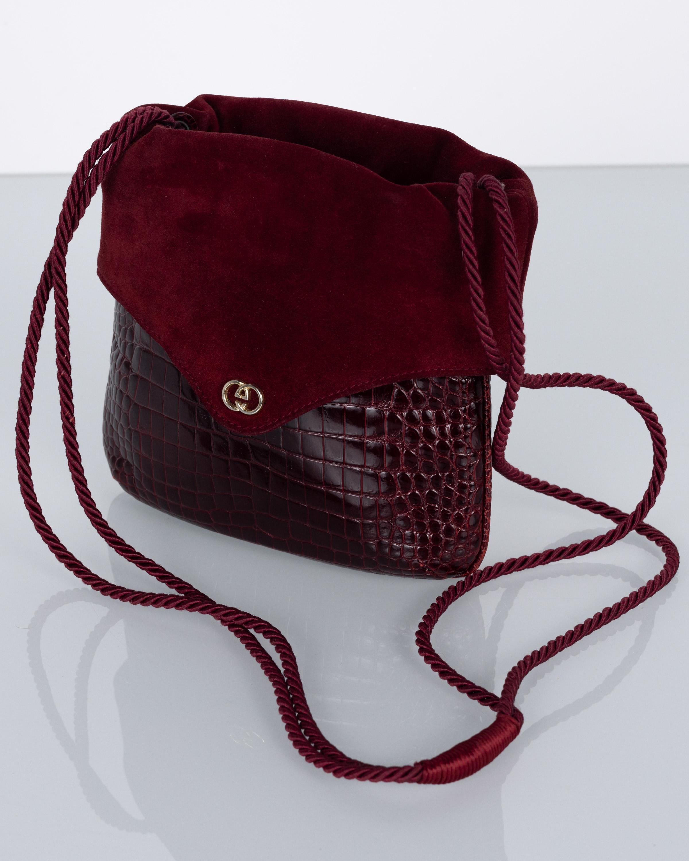 Vintage Gucci Burgundy Alligator Suede Shoulder Bag 1960s In Good Condition In Boca Raton, FL