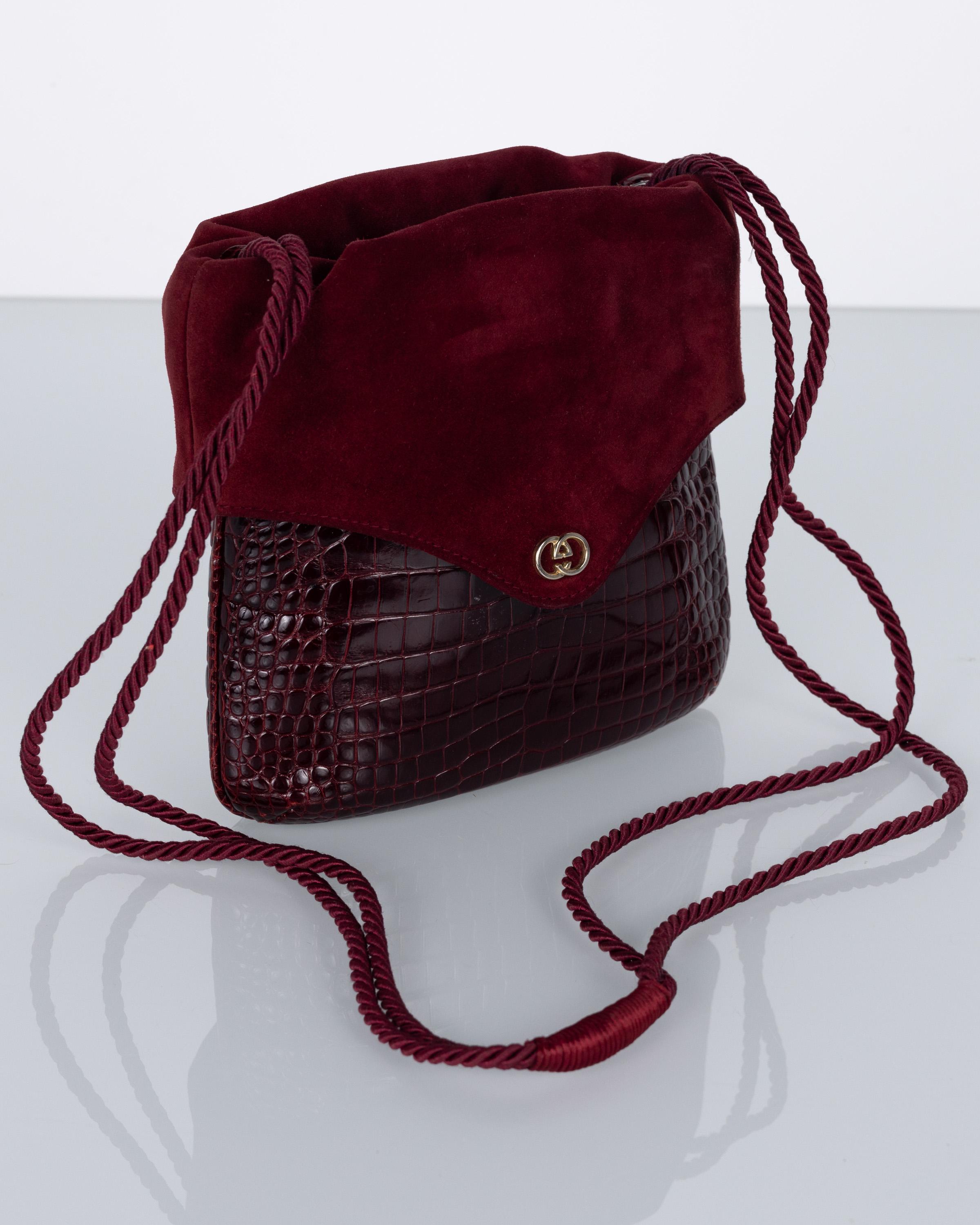 Women's Vintage Gucci Burgundy Alligator Suede Shoulder Bag 1960s