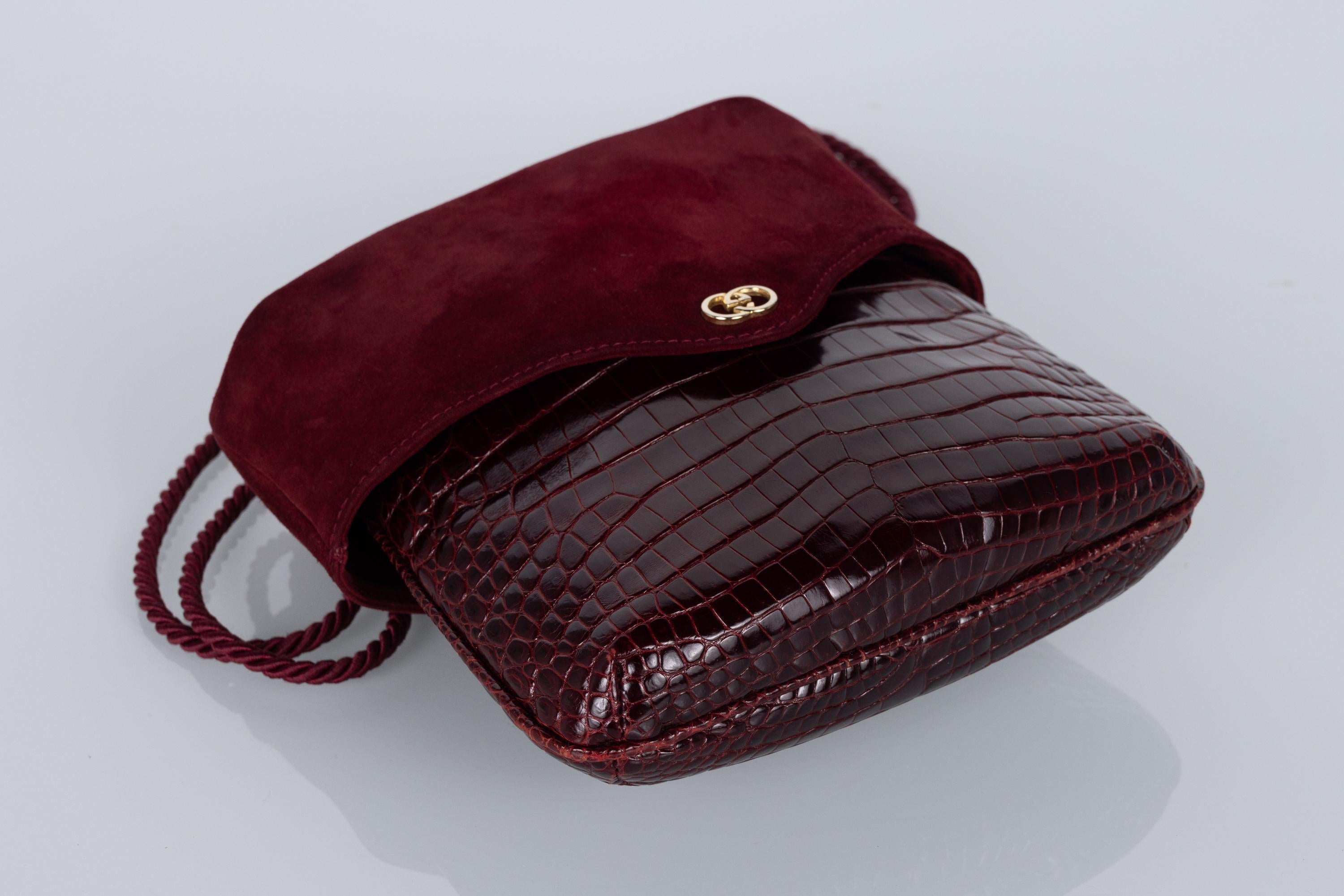 Vintage Gucci Burgundy Alligator Suede Shoulder Bag 1960s 1