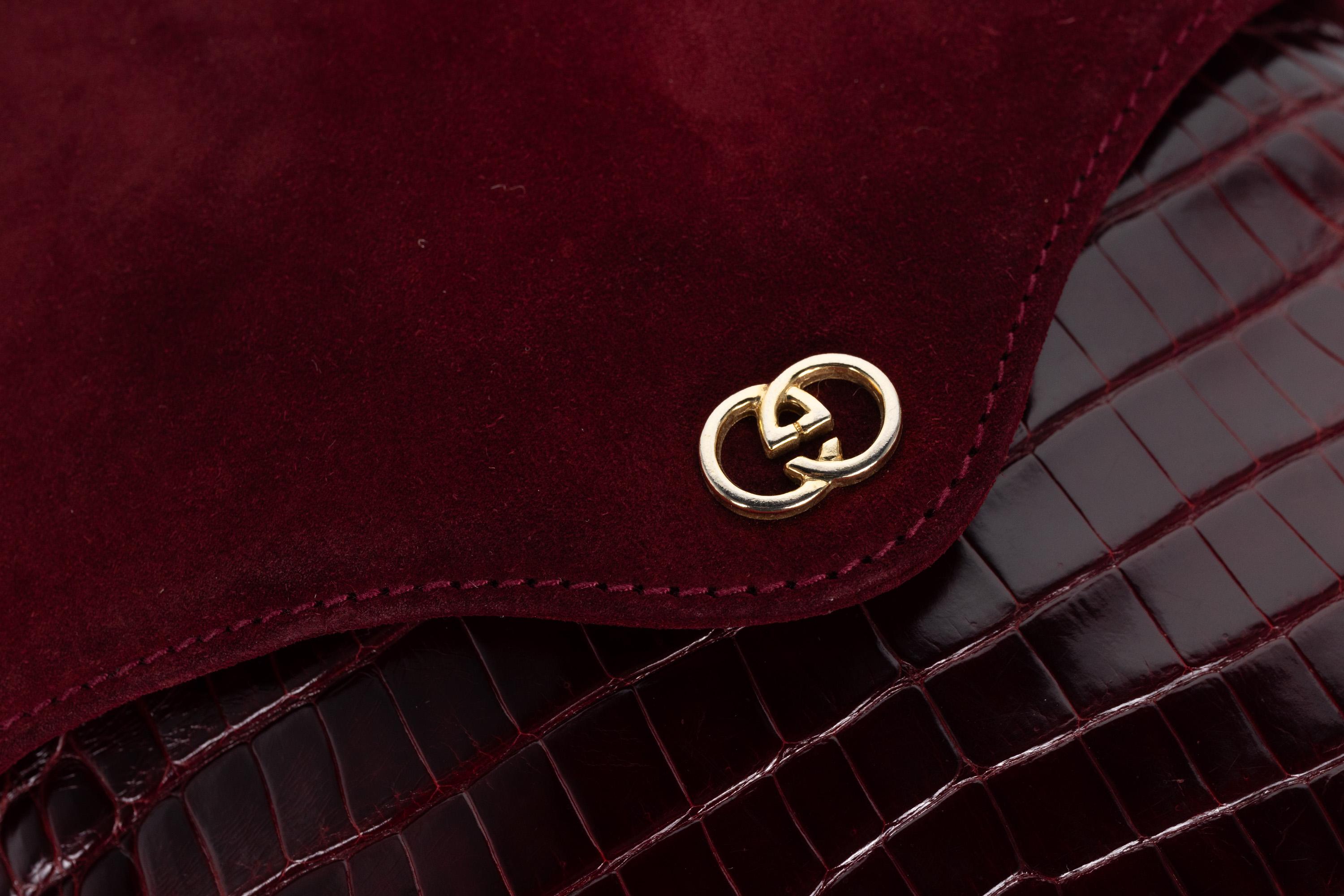 Vintage Gucci Burgundy Alligator Suede Shoulder Bag 1960s 2