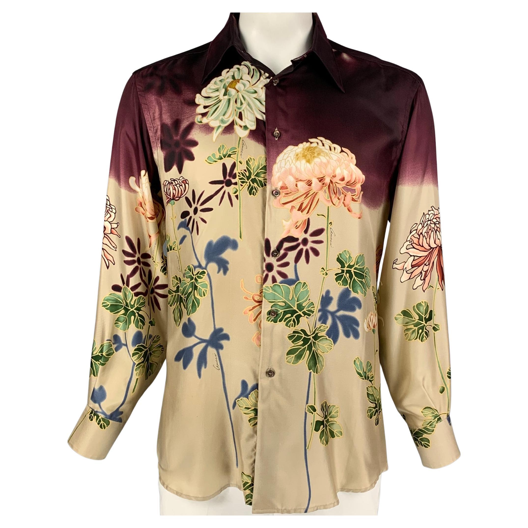 Vintage GUCCI by Tom Ford 2003 Size L Beige Floral Silk Long Sleeve Shirt  For Sale at 1stDibs