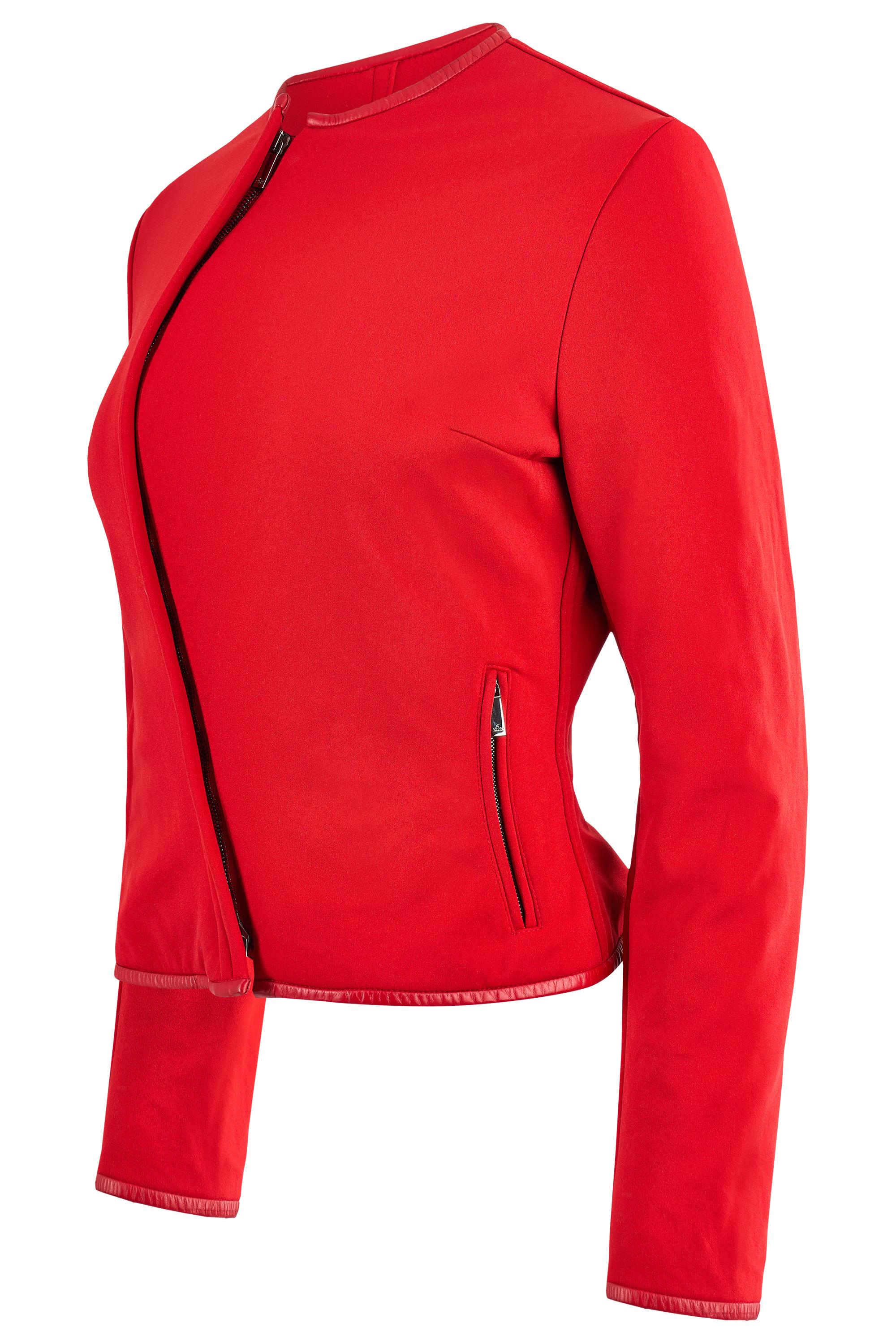 Gucci by Tom Ford Autumn/Winter 199 collection , Features a red wool fabric  Cut in a sharp and tailored silhouette, asymmetrical front double zip closure, structure and a futuristic edge. Two side zip pockets, subtle leather piping details along