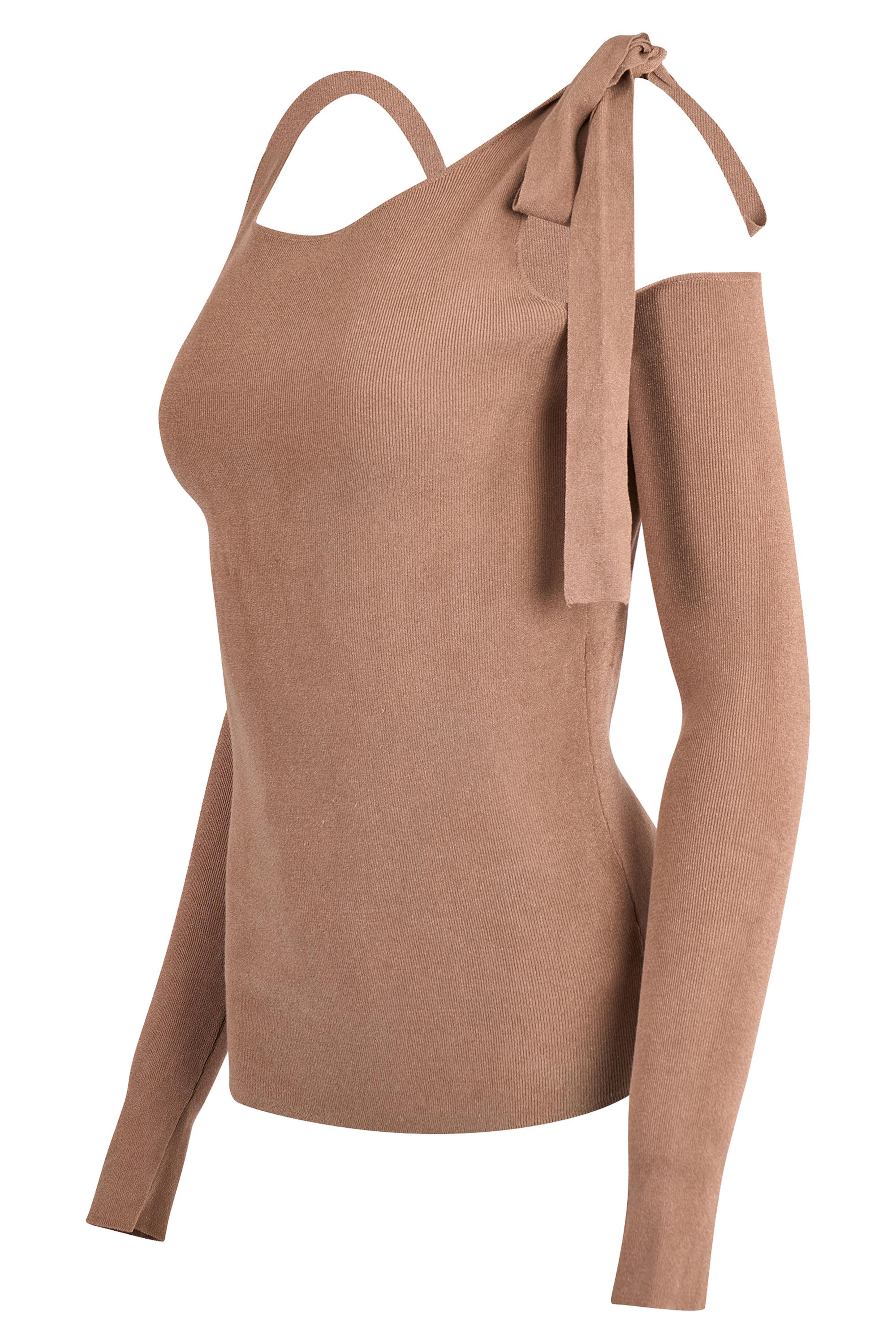 Gucci By Tom Ford  top beige a maniche lunghe con spalle scoperte da un nastro. Presenta una scollatura a cappuccio, maniche lunghe e un nastro da annodare su una spalla. In ottime condizioni vintage.

Marchio: Gucci
Taglia: UK10
Colore: