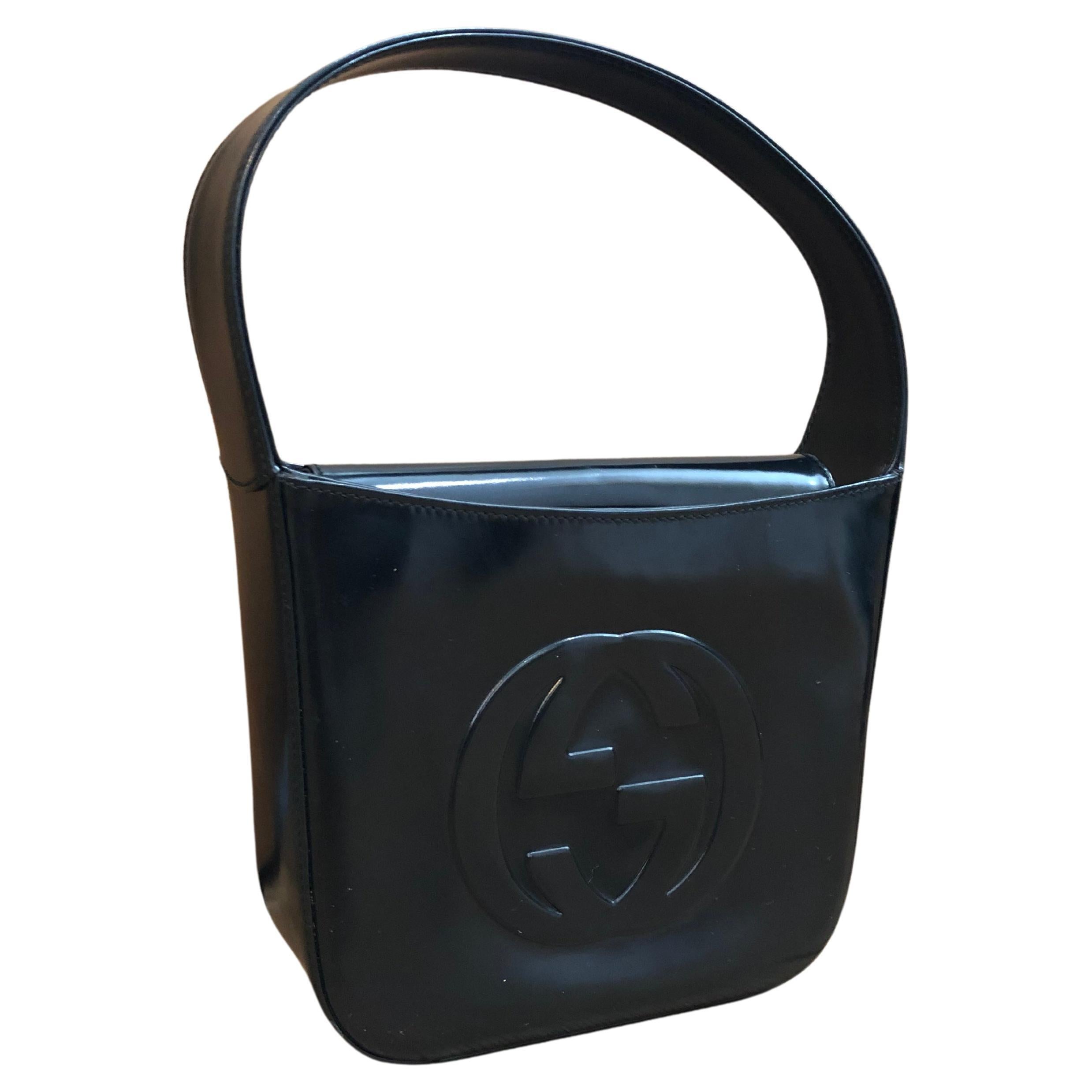 Vintage GUCCI Calfskin Leather Hobo Handbag Shoulder Bag Black For