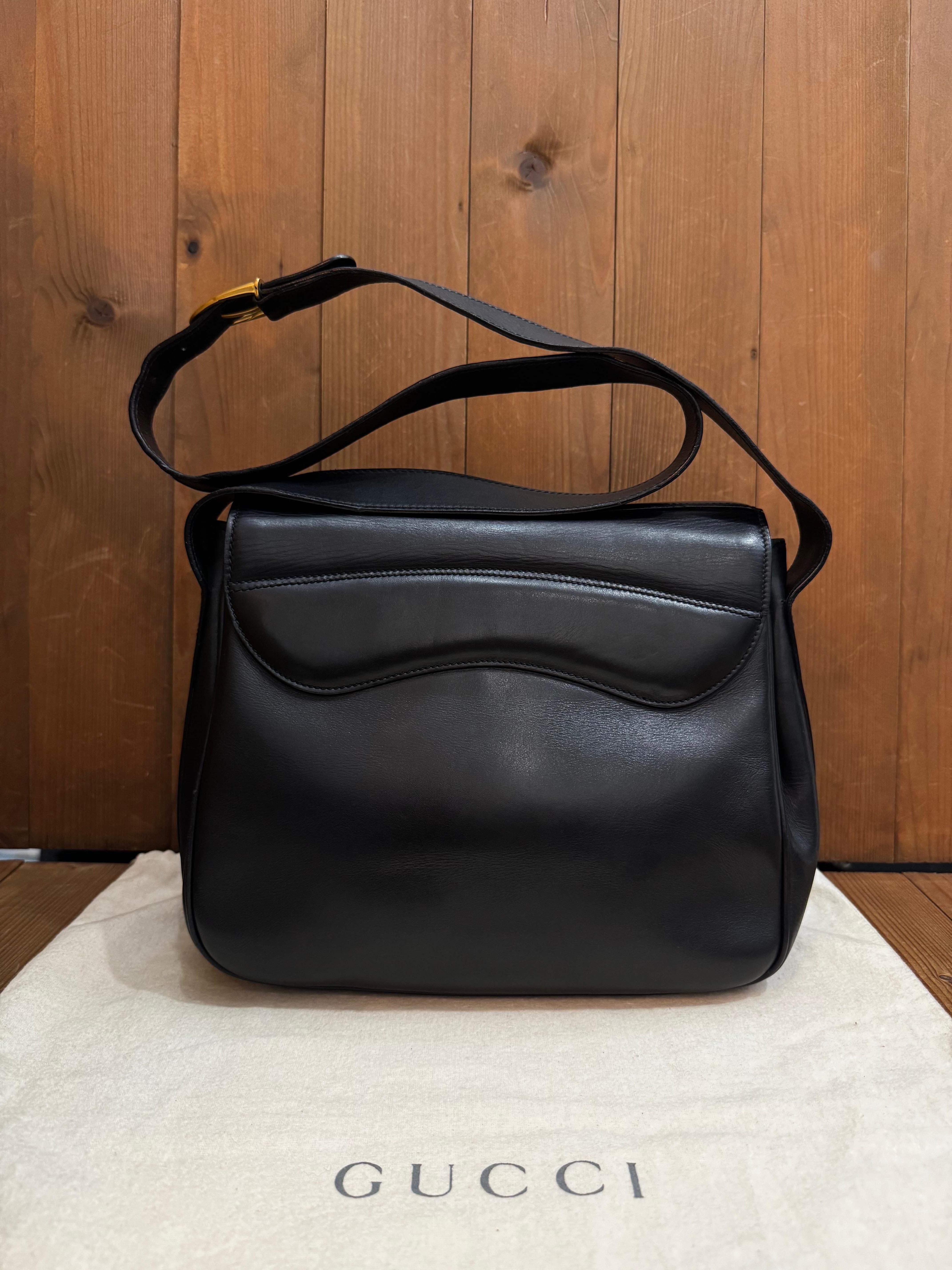 Noir Vintage GUCCI Leather Calfskin Saddle Camera Bag Unisex Mens Black