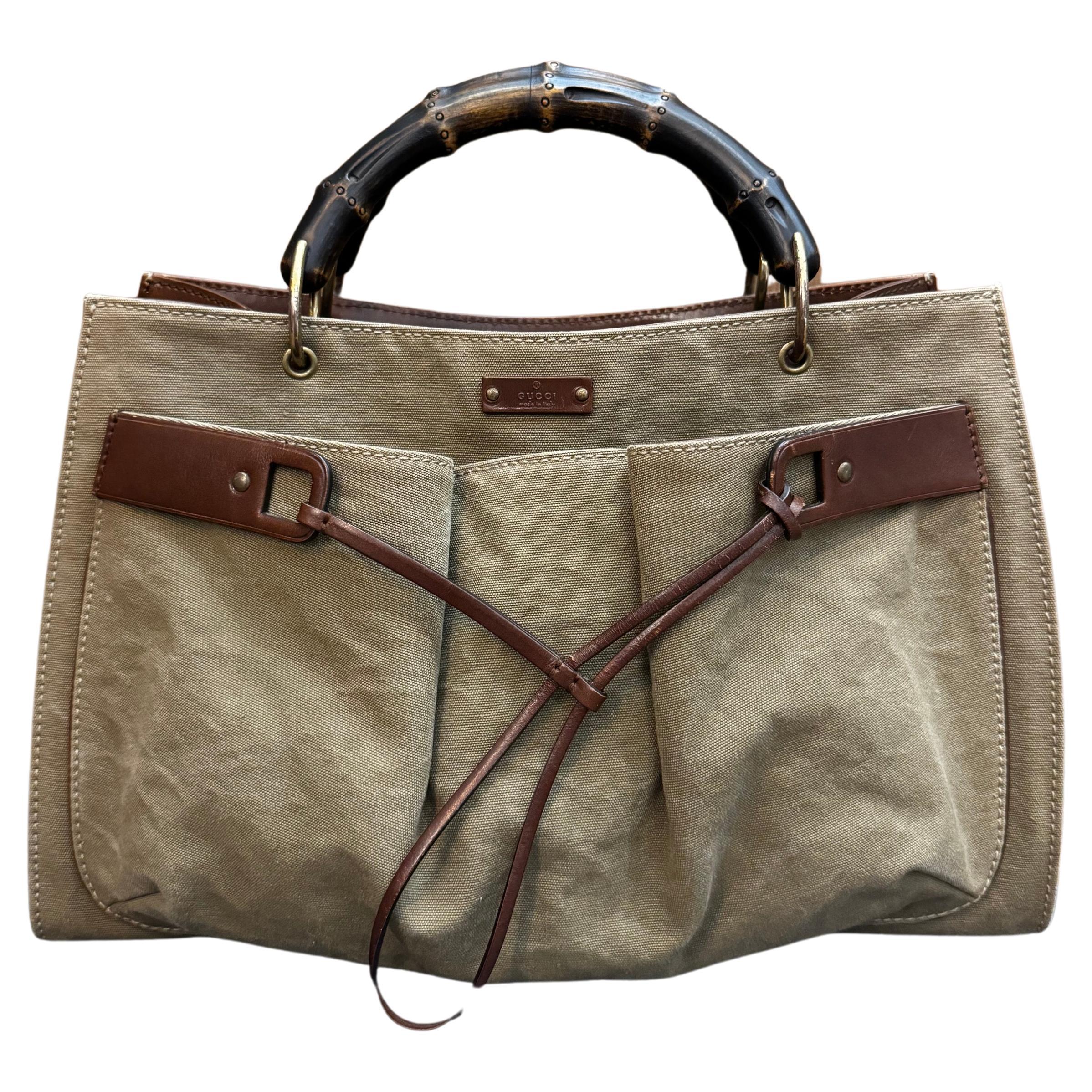 Vintage GUCCI Canvas Bamboo Tote Bag Khaki For Sale