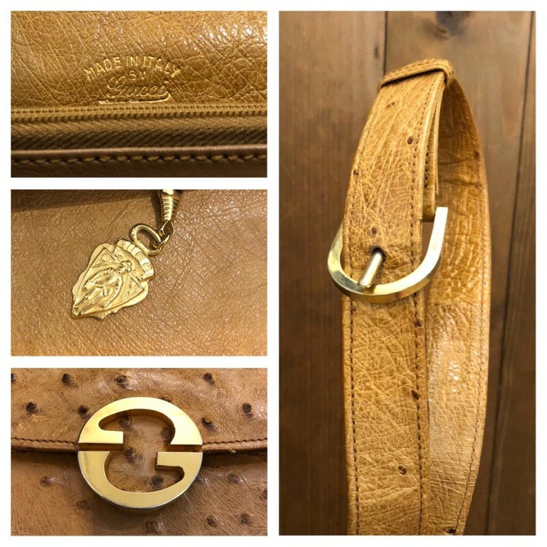 Vintage GUCCI Caramel Ostrich Leather Box Shoulder Bag For Sale at 1stDibs