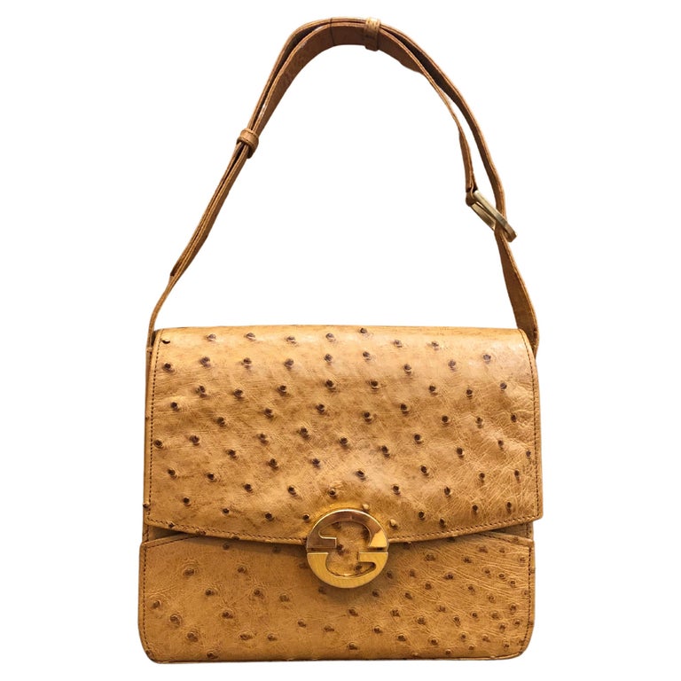 Vintage GUCCI Caramel Ostrich Leather Box Shoulder Bag For Sale at 1stDibs