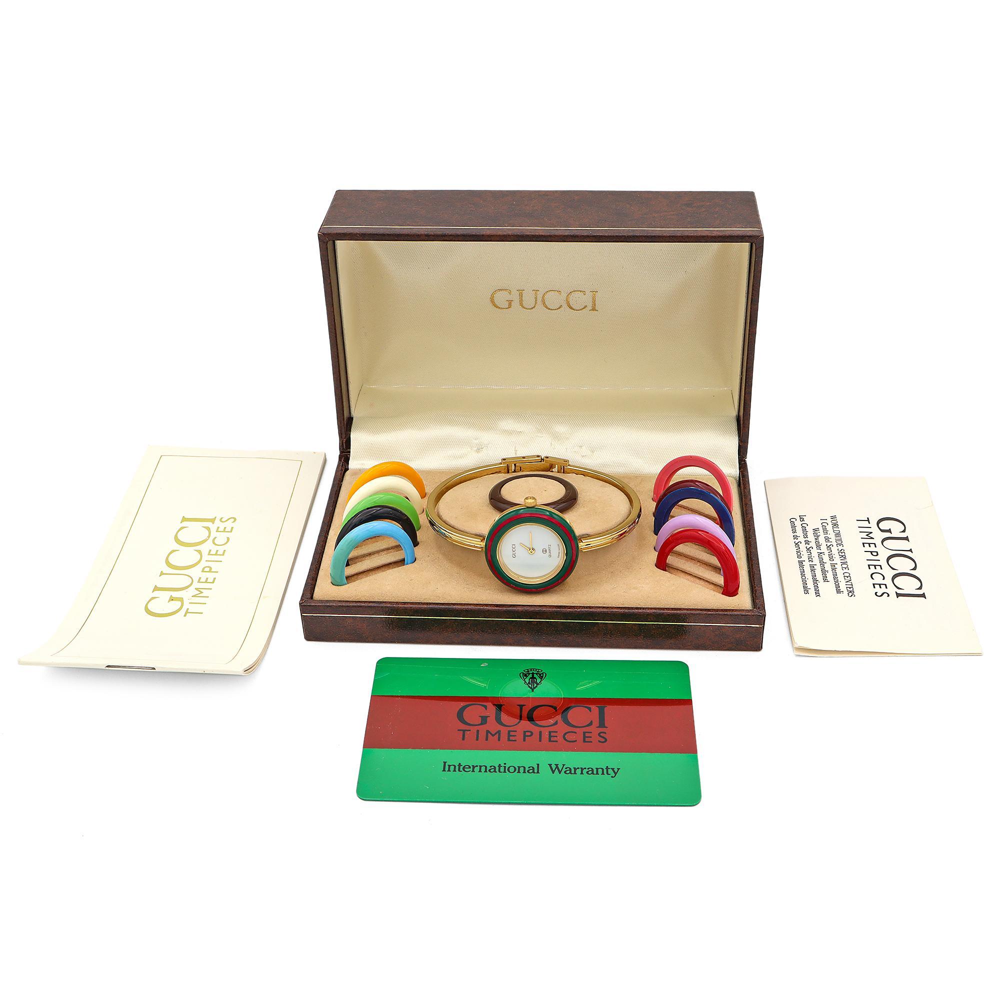 Vintage Gucci Change Bezel 1100-L Gold Plated Women's Quartz Watch + Box & Paper 4