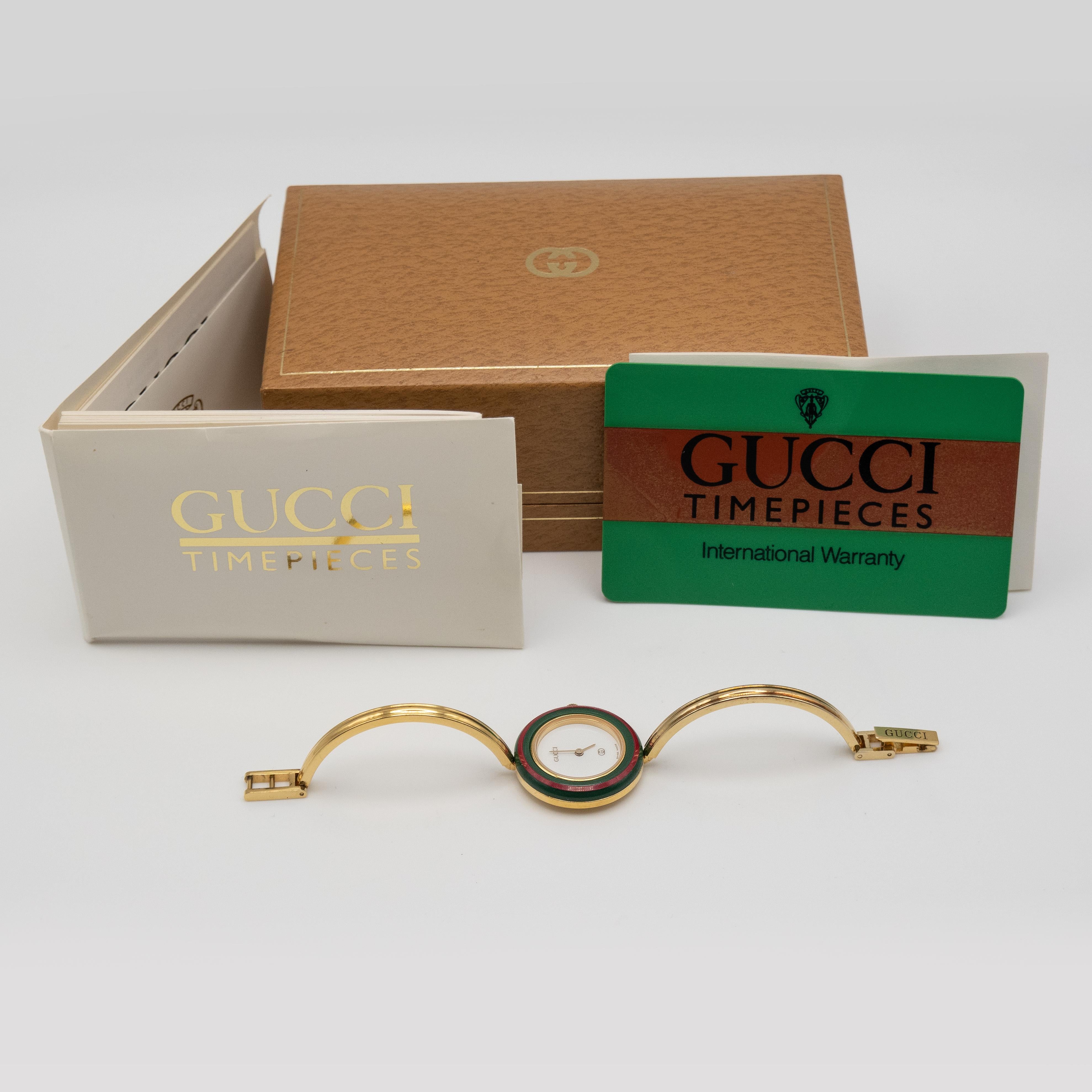 Vintage Gucci Change Bezel Gold Plated Bangle Watch Timepiece Complete Set en venta 13