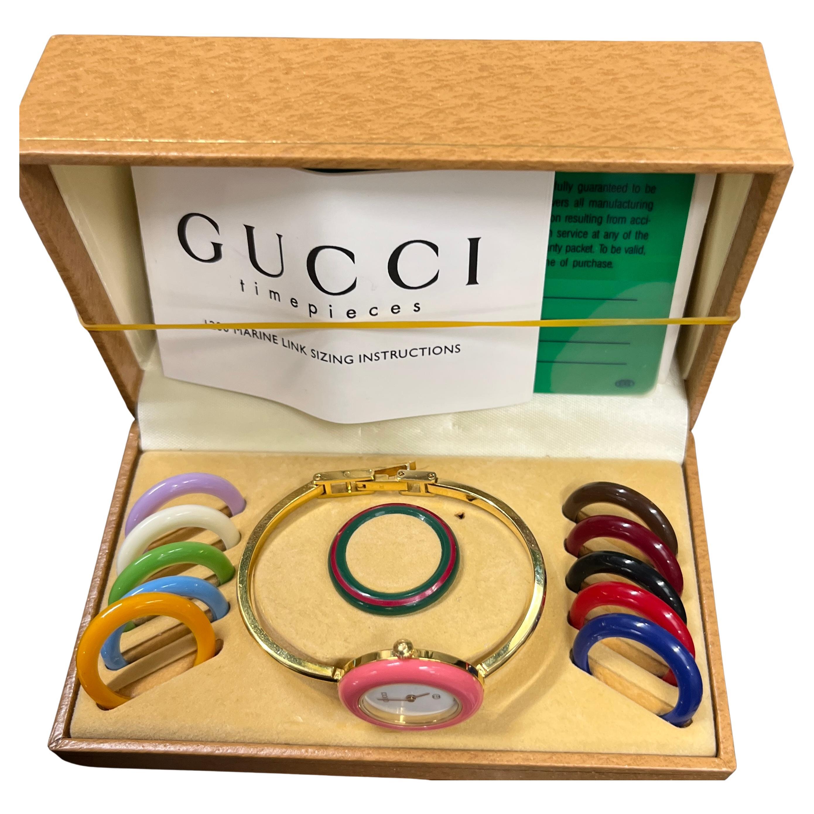 Vintage Gucci Change Bezel Gold Plated Bangle Watch Timepiece Complete Set en venta 1