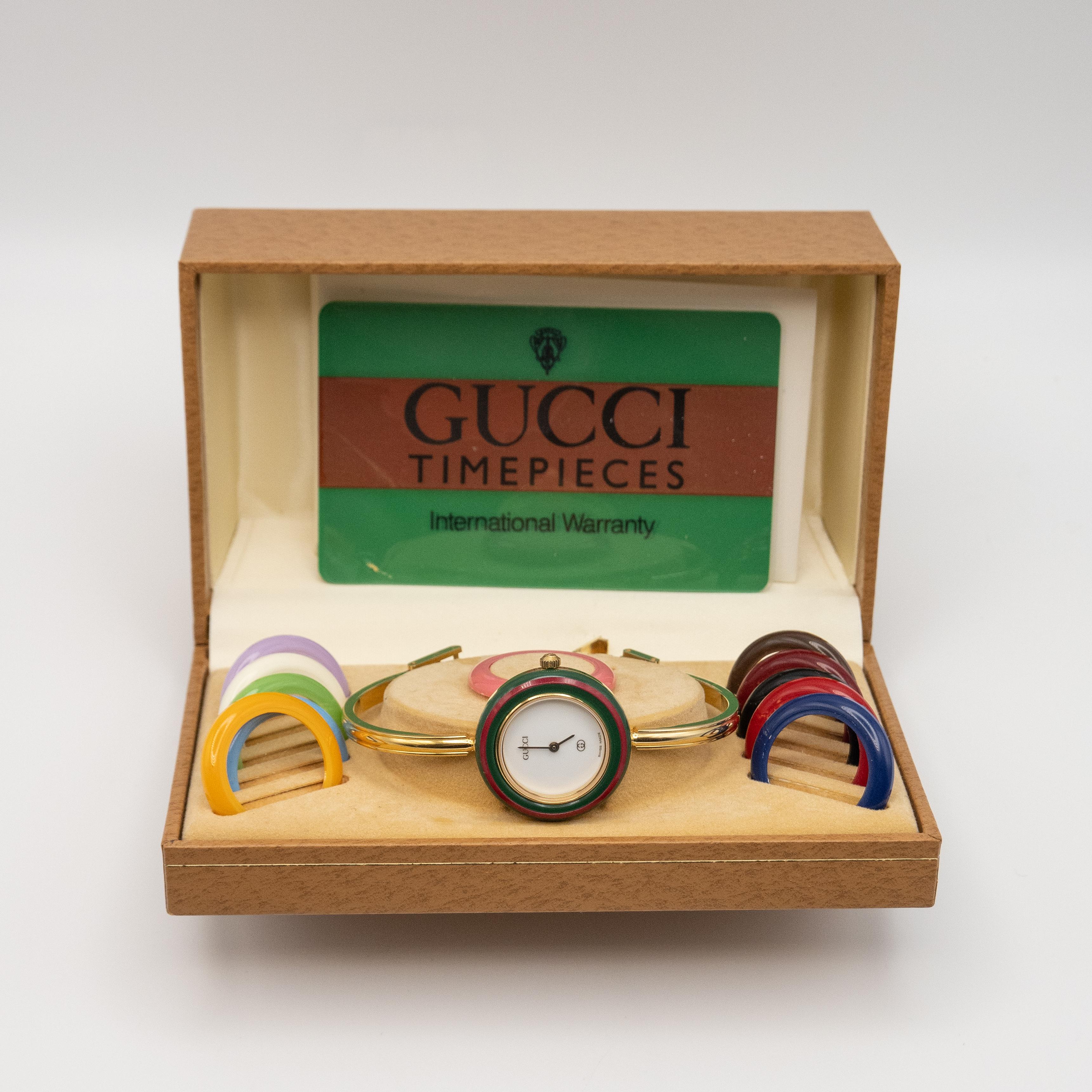 Vintage Gucci Change Bezel Gold Plated Bangle Watch Timepiece Complete Set en venta 2