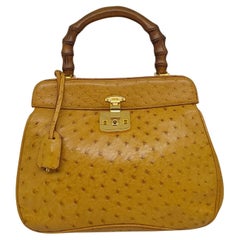 Vintage Gucci Chestnut Ostrich Lady Lock Bamboo Top Handle Bag