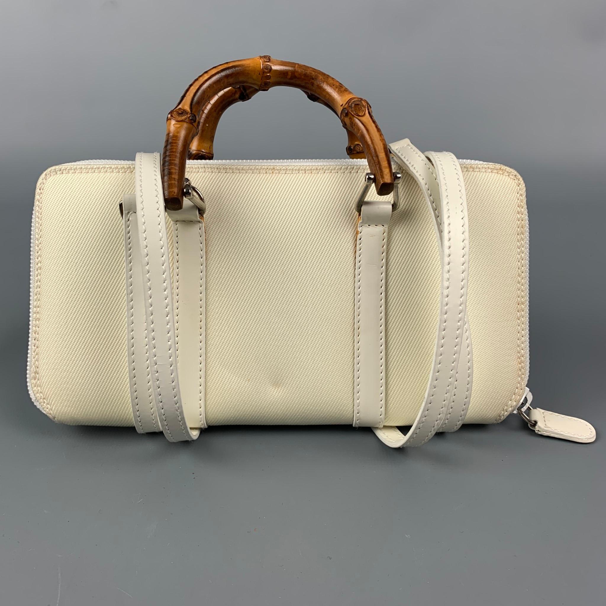 White Vintage GUCCI Cream & Brown Nylon Leather Bamboo Handle Handbag