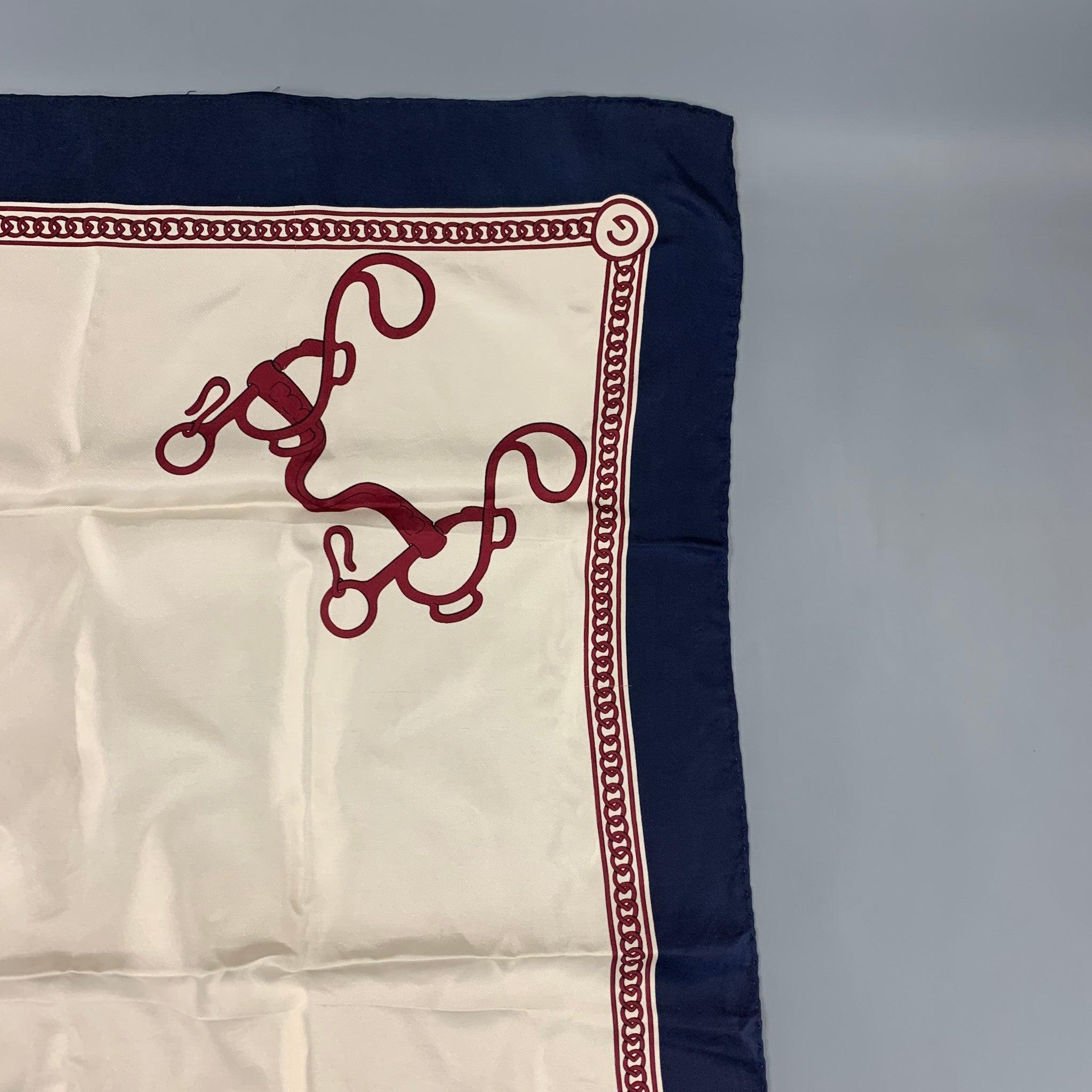 Vintage GUCCI scarf comes in a cream & navy twill silk featuring a equestrian design.
 Good
 Pre-Owned Condition. 
 

 Measurements: 
  
 34 inches x 34 inches 
  
  
  
 Sui Generis Reference: 121408
 Category: Scarves & Shawls
 More Details
  
