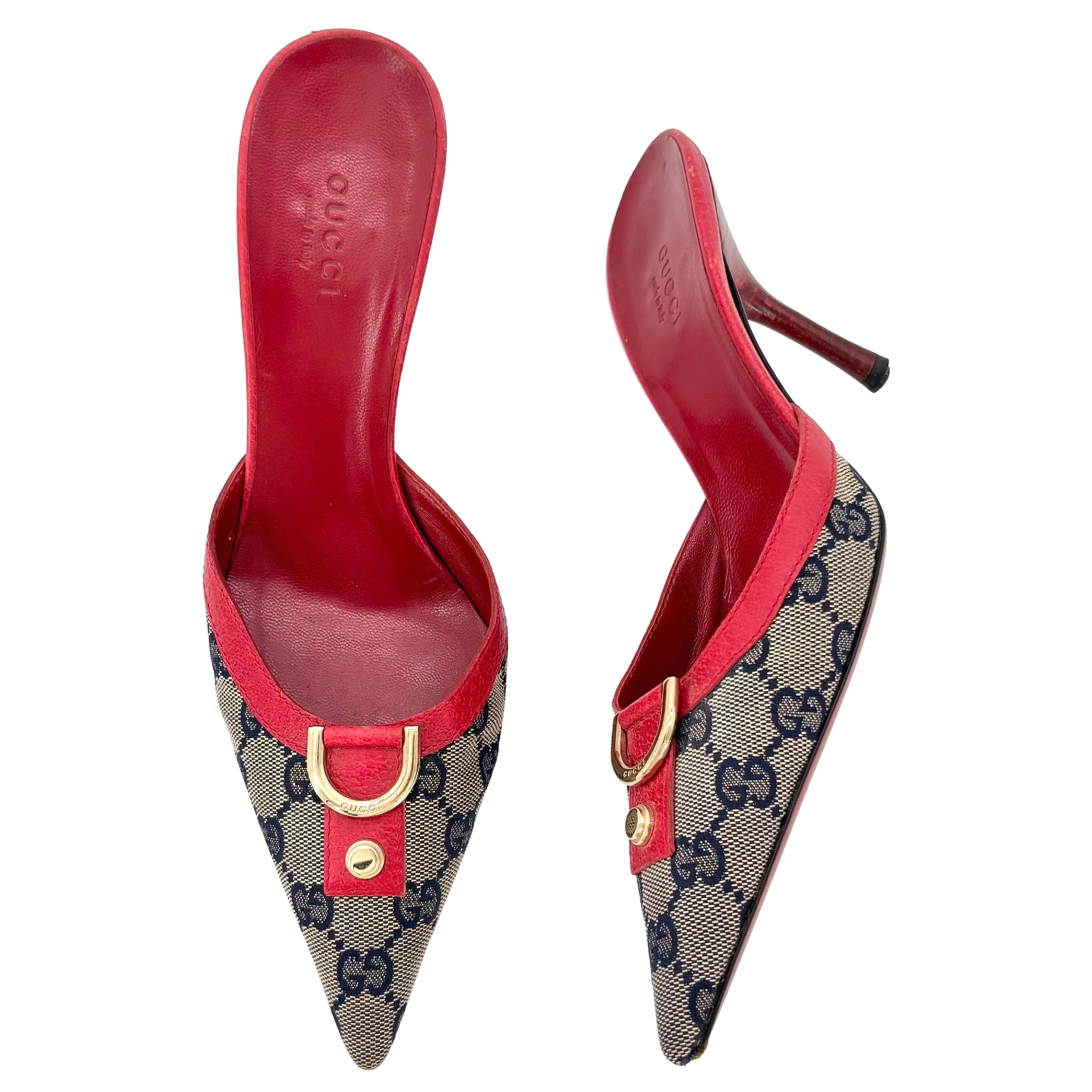 Vintage Gucci D Ring Monogrammed Red Pointed Toe Mules Pumps 37