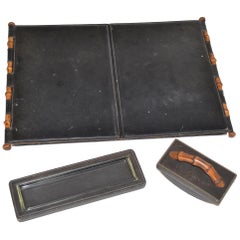 Vintage Gucci Desk Set in Black Leather and Wood