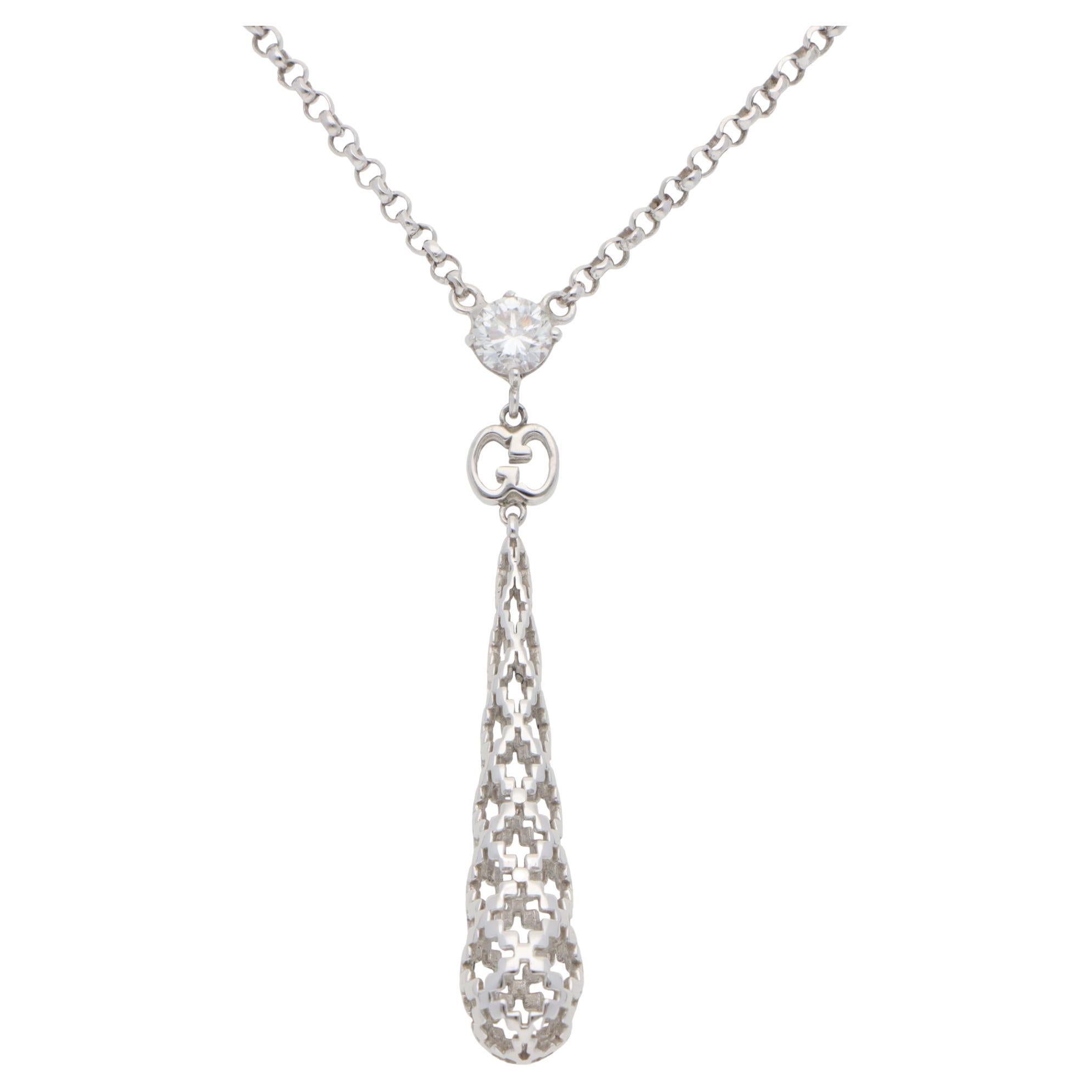 Vintage Gucci Diamantissima Diamond Drop Pendant Necklace in White Gold