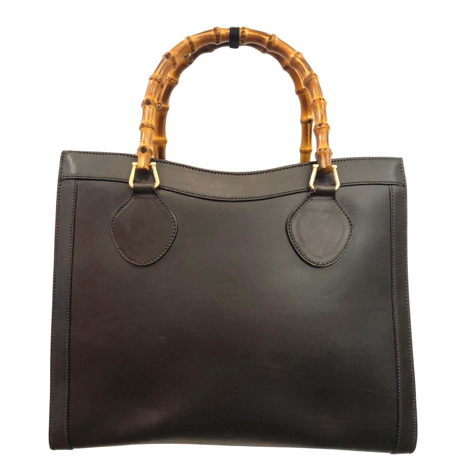Vintage GUCCI Diana Tote Bamboo Tote Bag Calfskin Leather Dark Brown (Medium) 6