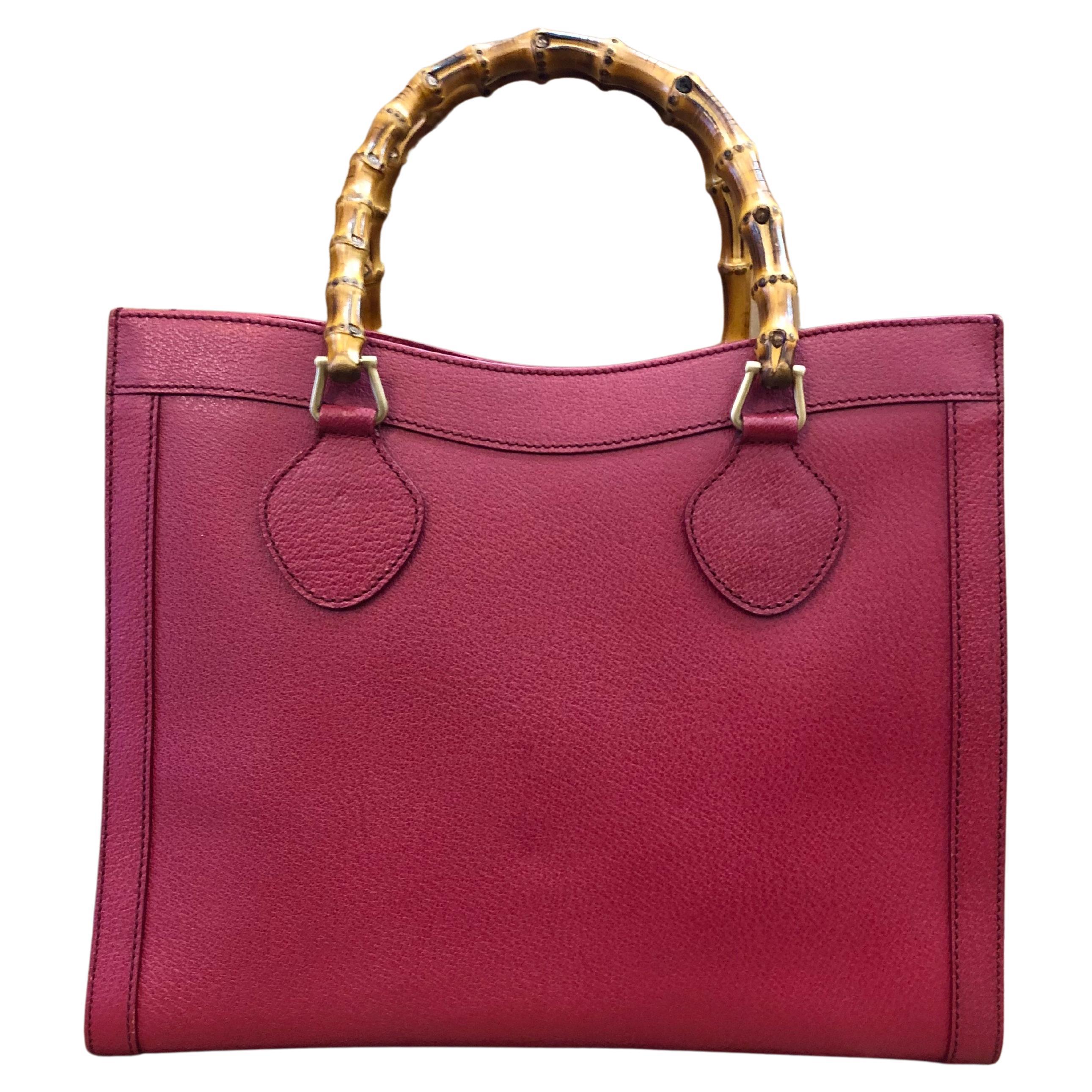 Vintage GUCCI Diana Tote Bamboo Tote Bag Leather Dark Pink/Red (Medium)