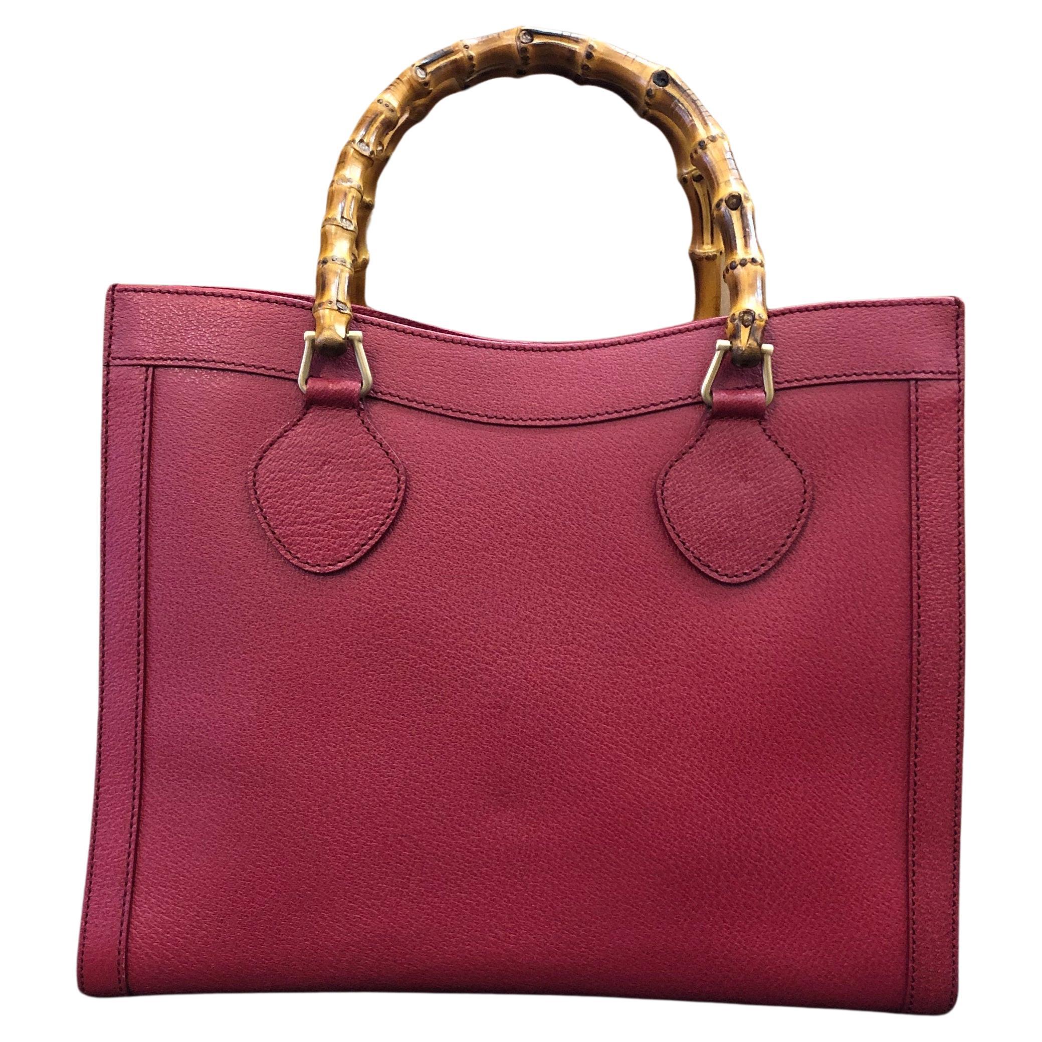 Vintage GUCCI Diana Tote Bamboo Tote Bag Leather Dark Pink/Red (Medium) For Sale