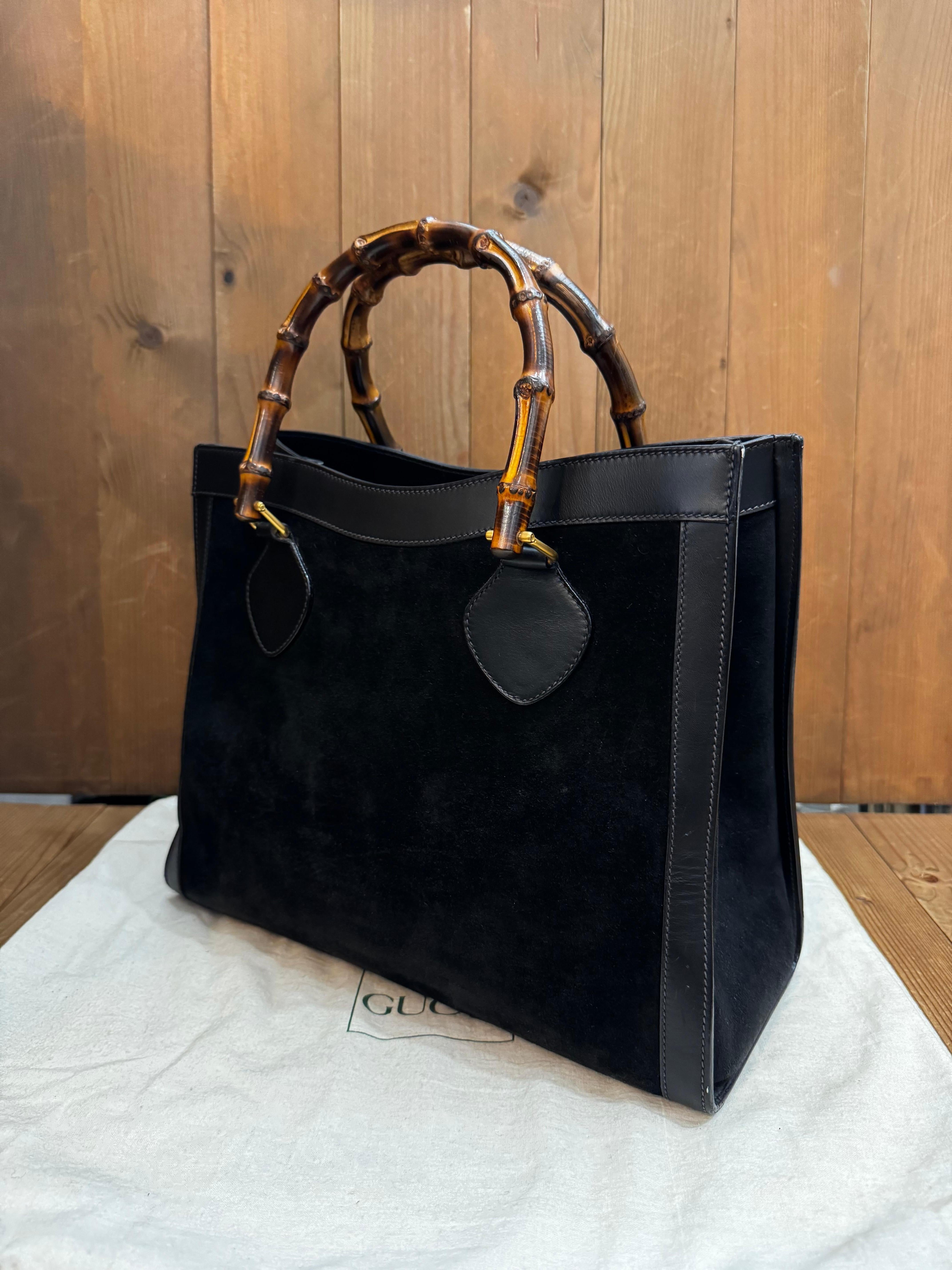 Vintage GUCCI Diana Tote Bamboo Tote Bag Nubuck Black Single Compartment 1