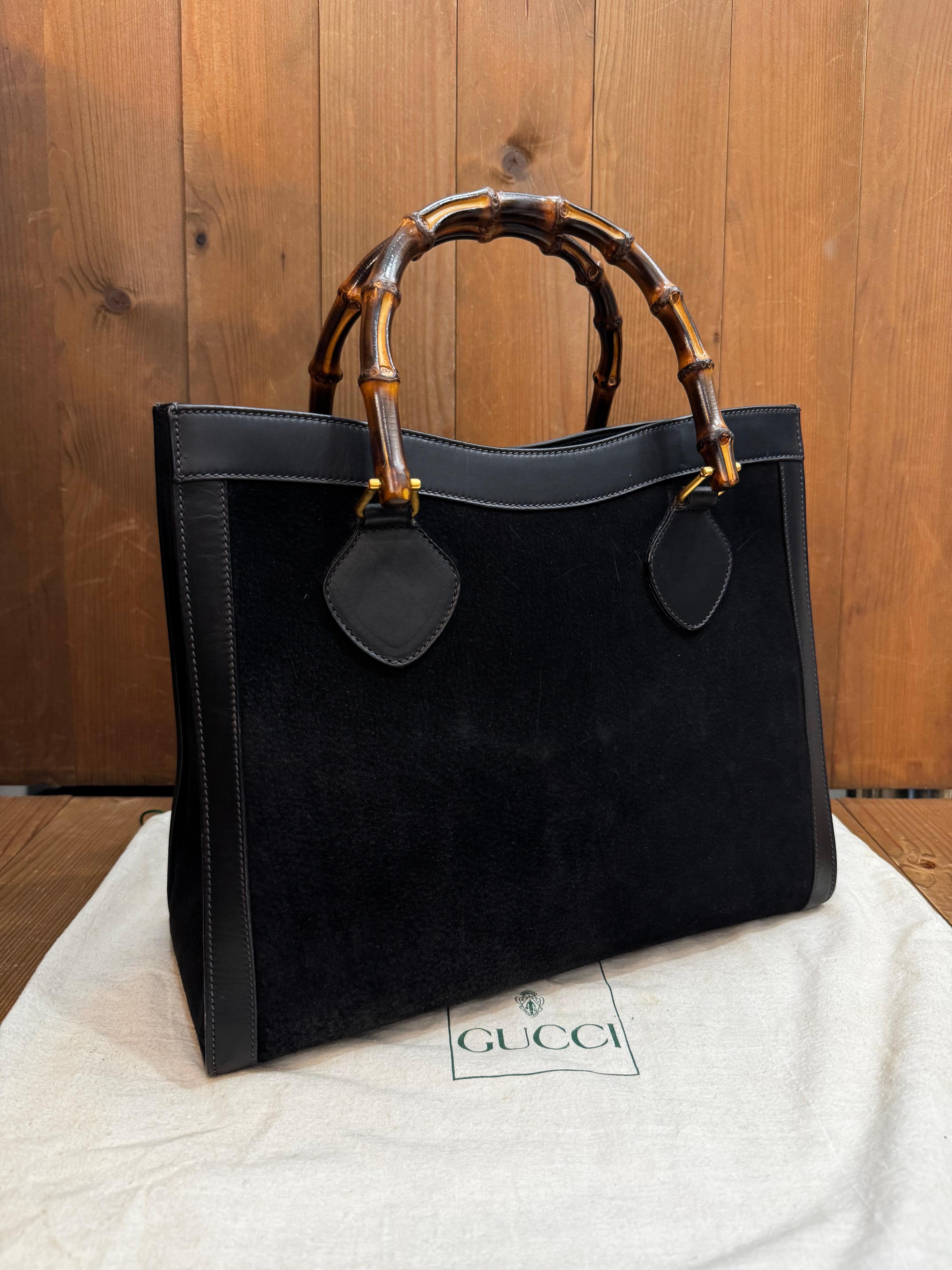 Women's or Men's Vintage GUCCI Diana Tote Bamboo Tote Bag Nubuck Black Single Compartment