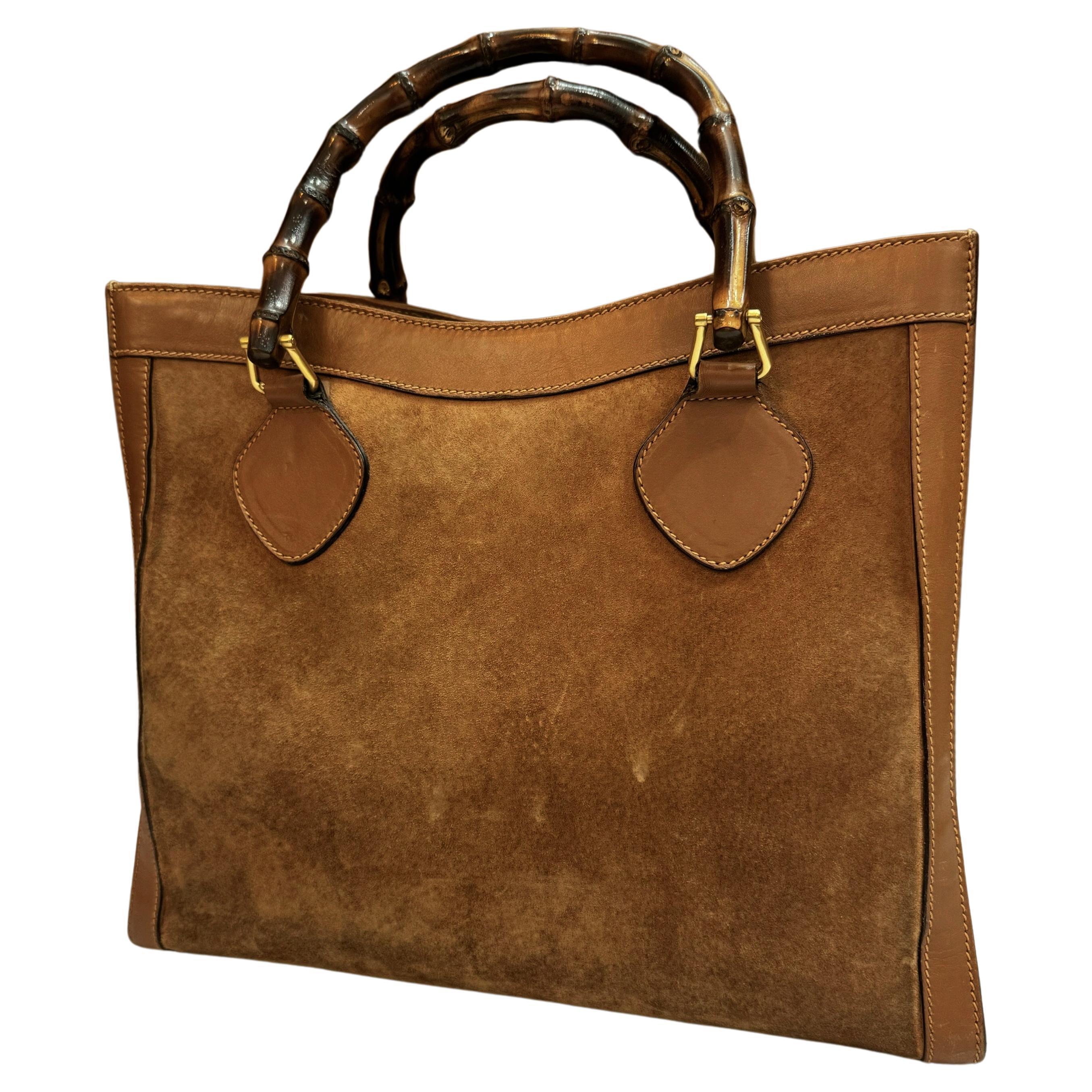 Vintage GUCCI Diana Tote Bamboo Tote Bag Nubuck Brown Single Compartment In Fair Condition In Bangkok, TH