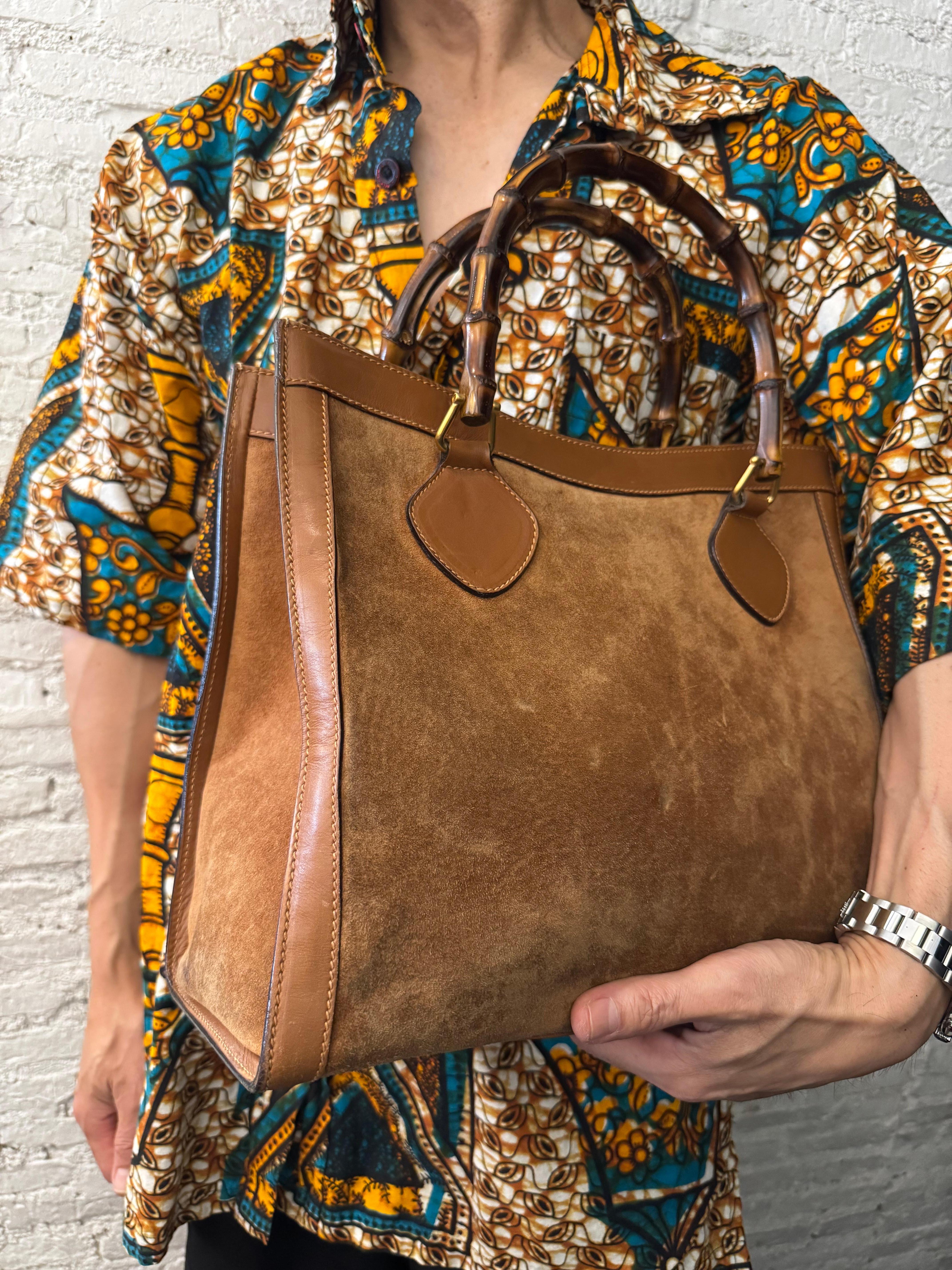Vintage GUCCI Diana Tote Bamboo Tote Bag Nubuck Brown Single Compartment 1