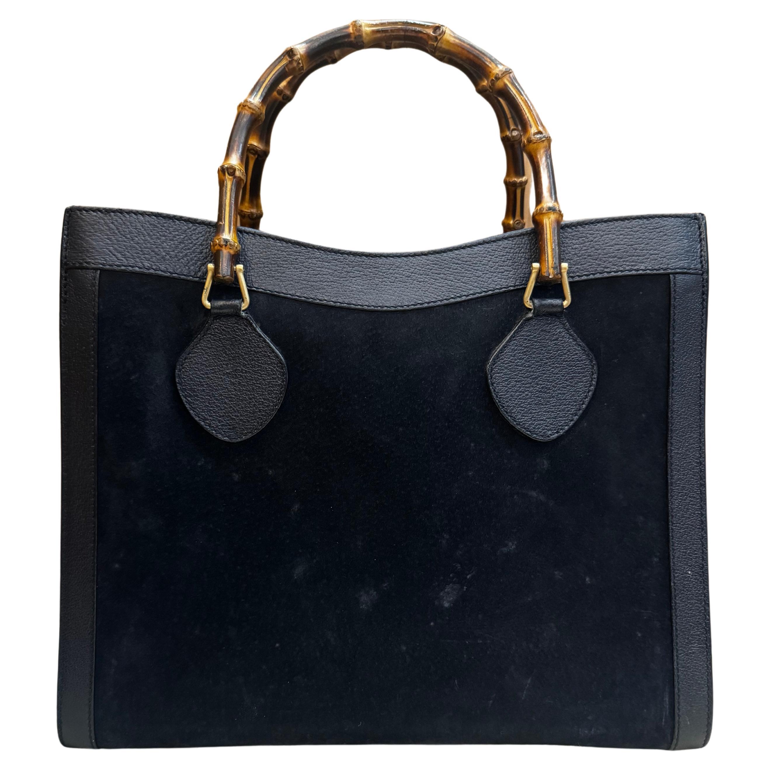 Vintage GUCCI Diana Tote Bamboo Tote Bag Nubuck Leather Navy (Medium) For Sale
