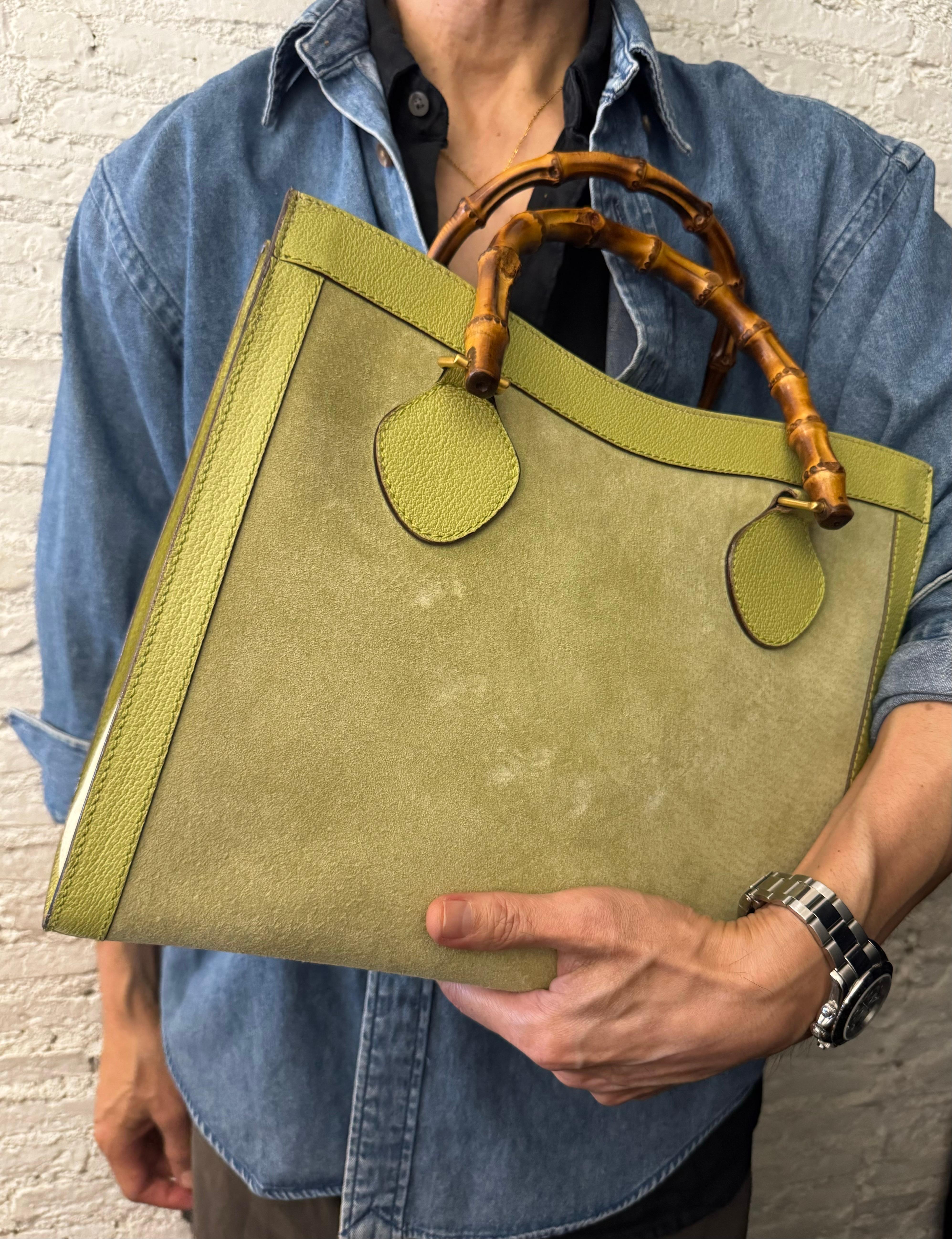 1990s Vintage GUCCI Diana Tote Bamboo Tote Bag Pigskin Nubuck Leather Green In Good Condition In Bangkok, TH
