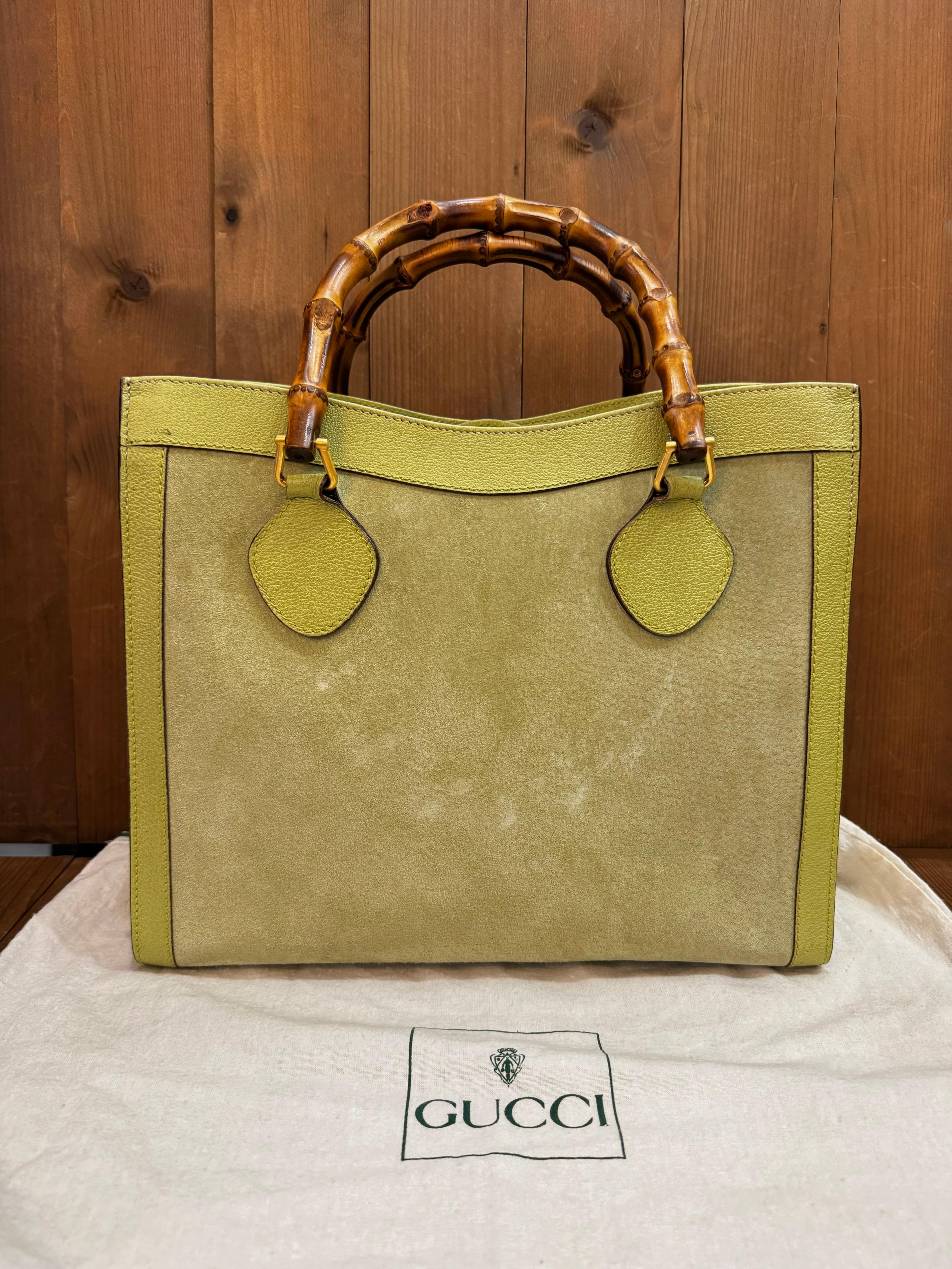 Brown 1990s Vintage GUCCI Diana Tote Bamboo Tote Bag Pigskin Nubuck Leather Green