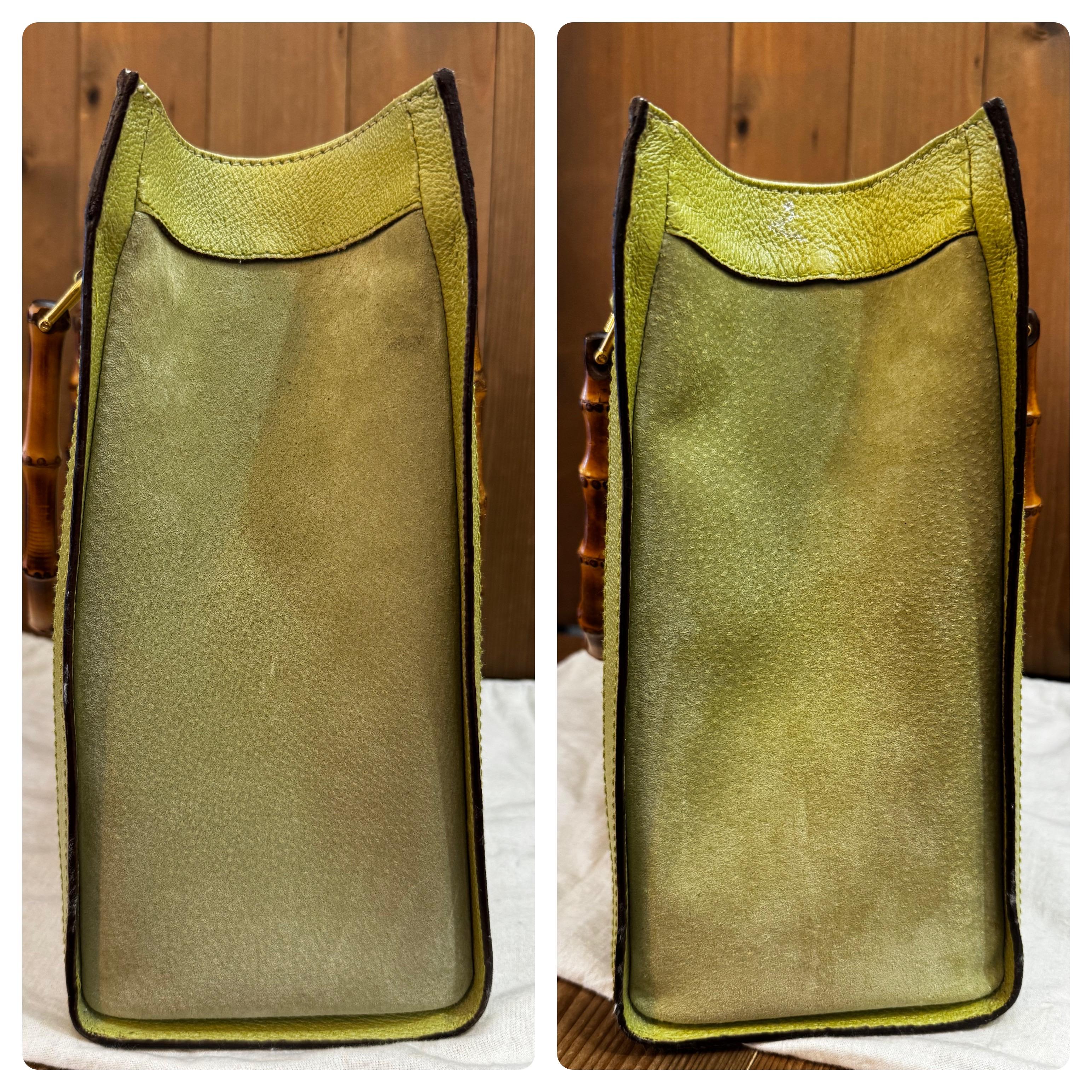 1990s Vintage GUCCI Diana Tote Bamboo Tote Bag Pigskin Nubuck Leather Green 2