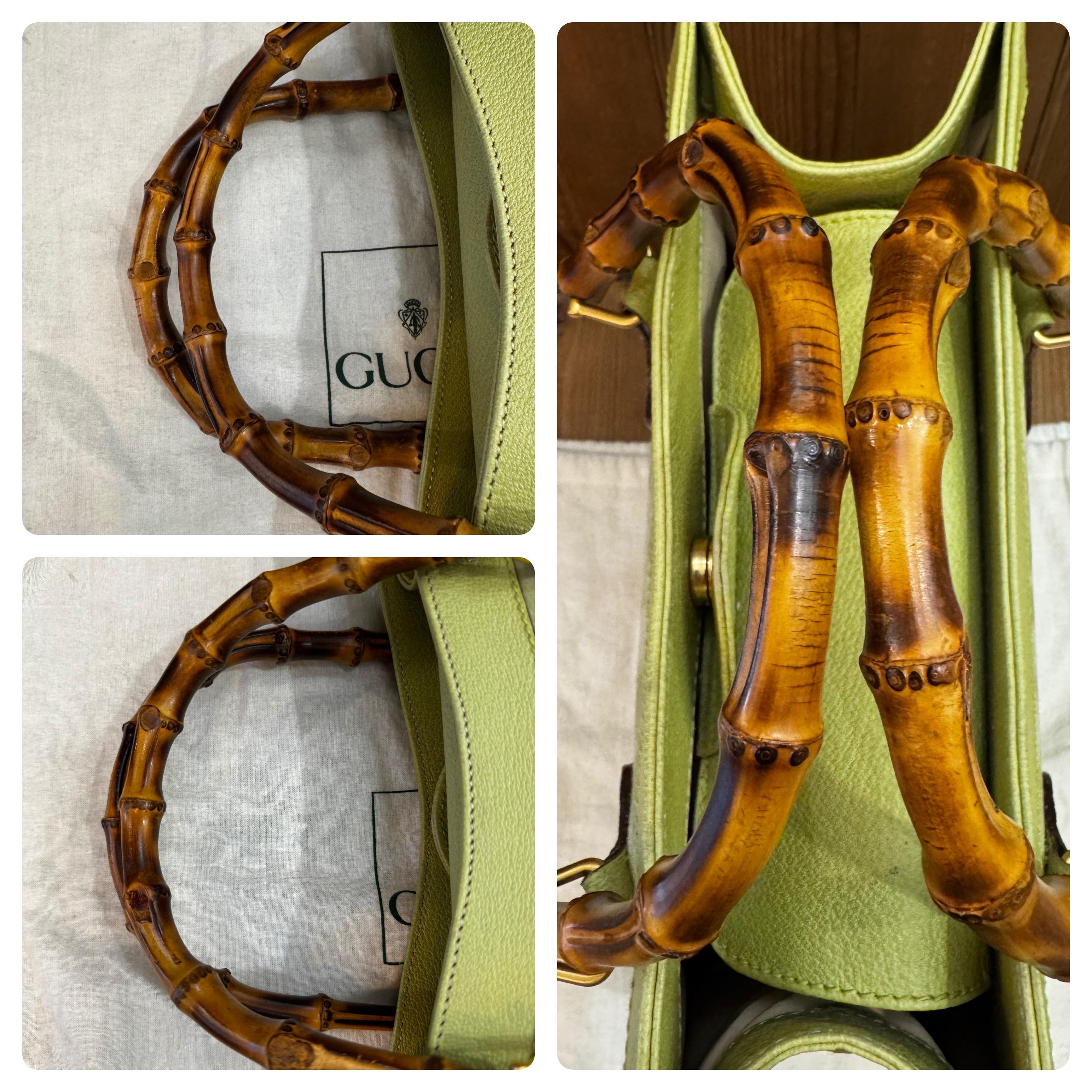 1990s Vintage GUCCI Diana Tote Bamboo Tote Bag Pigskin Nubuck Leather Green 3