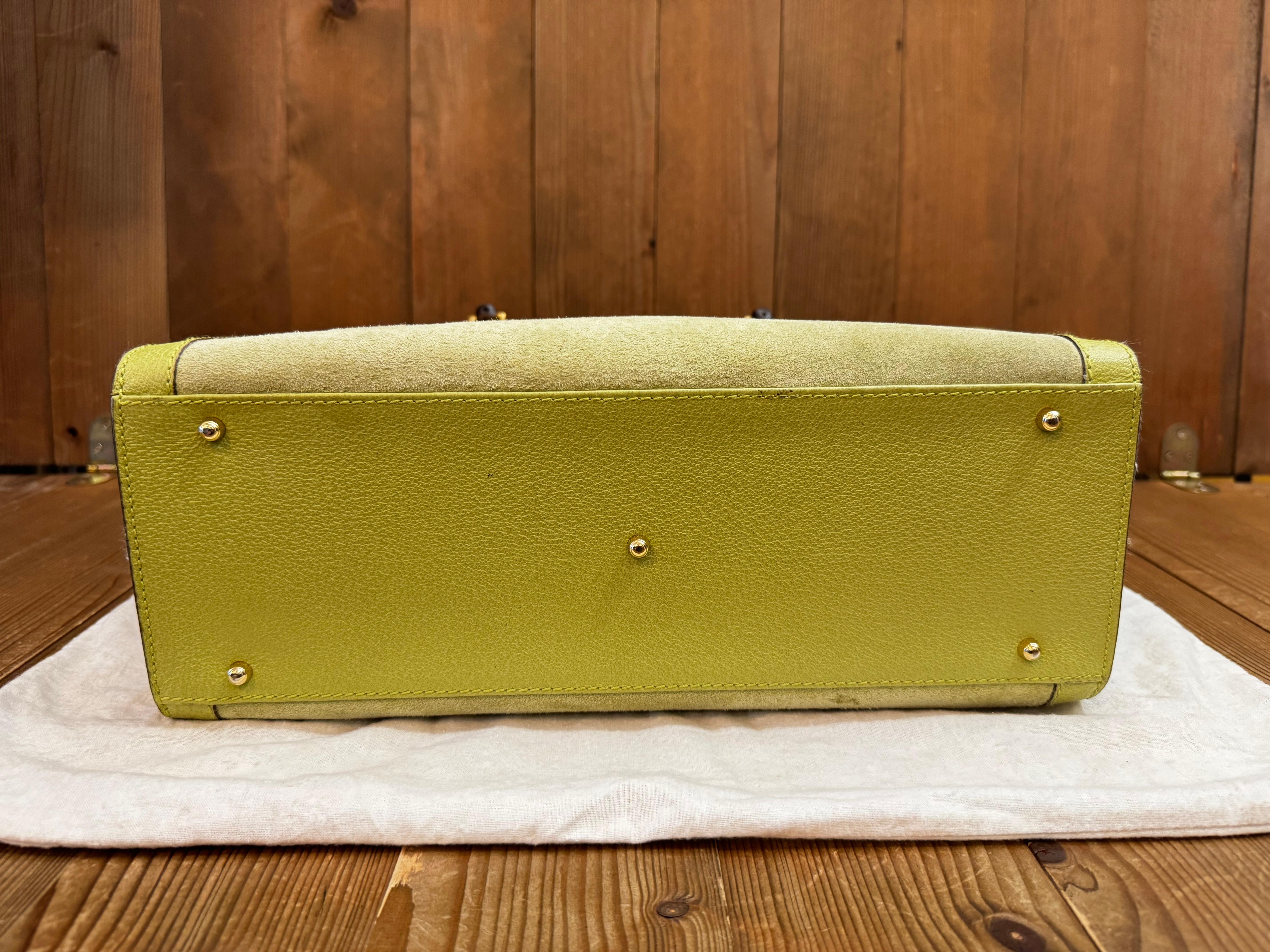 1990s Vintage GUCCI Diana Tote Bamboo Tote Bag Pigskin Nubuck Leather Green 4