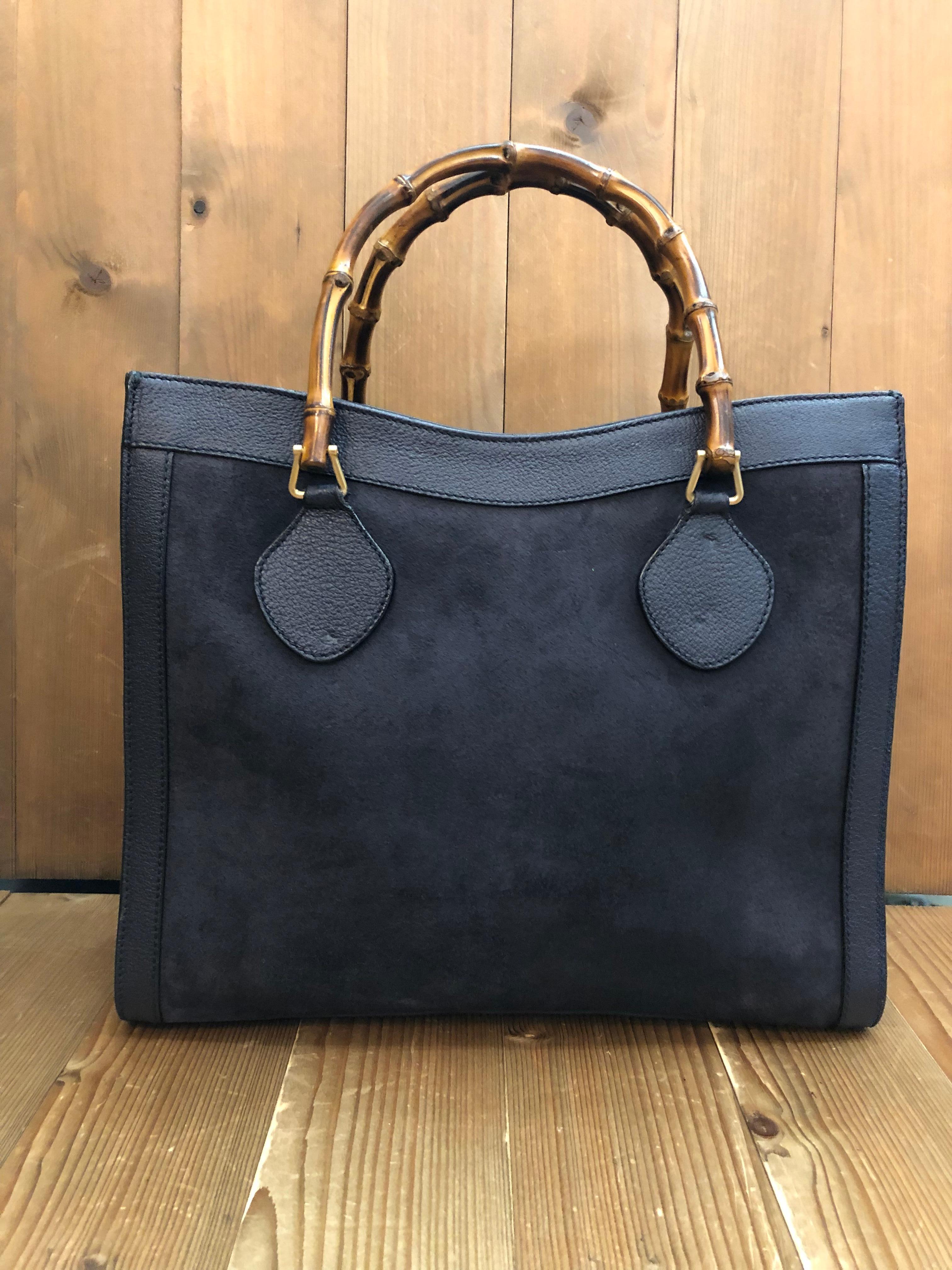 Black Vintage GUCCI Diana Tote Bamboo Tote Bag Nubuck Leather Navy (Medium)