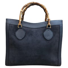 Vintage GUCCI Diana Tote Bamboo Tote Bag Nubuck Leather Navy (Medium)