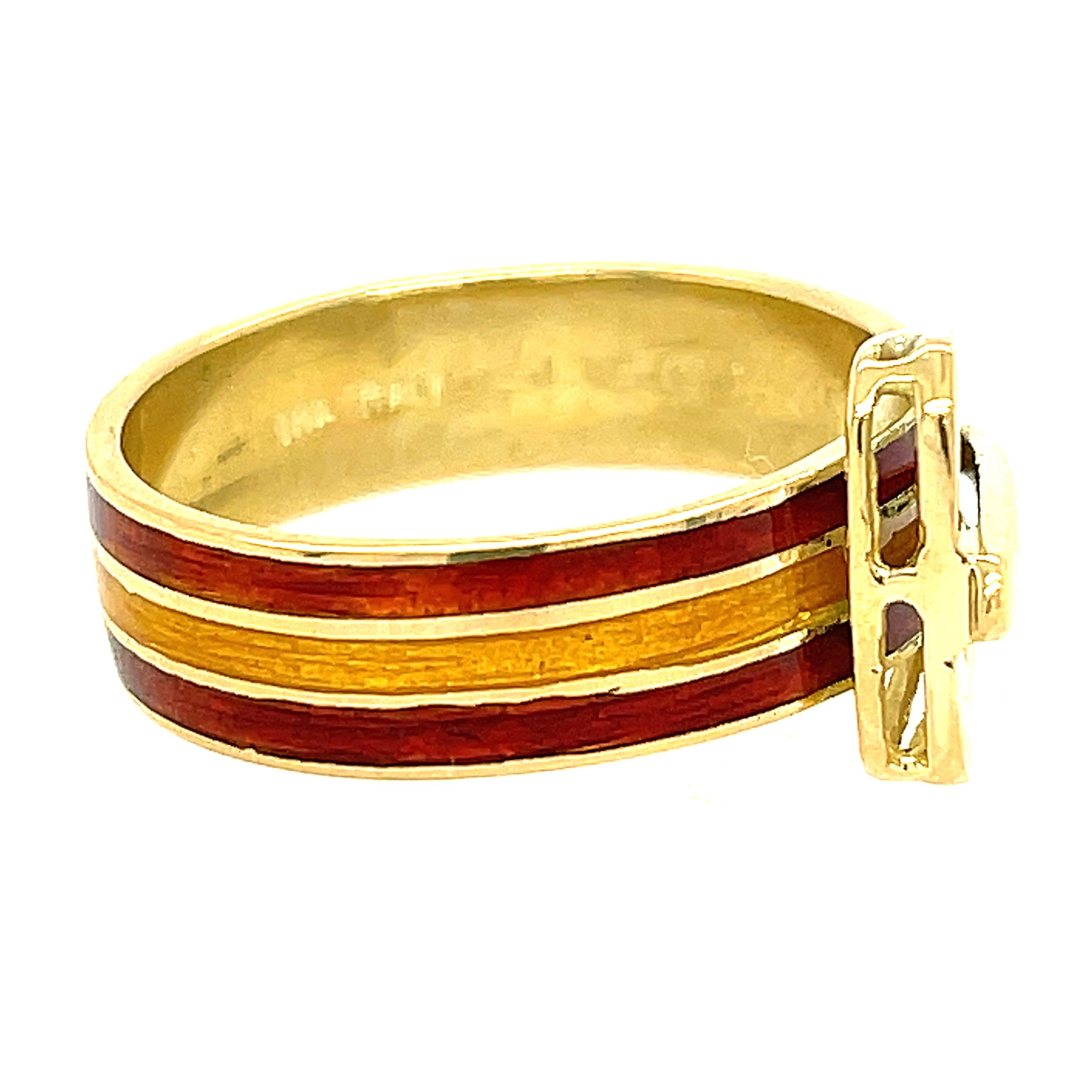 Modern Vintage Gucci Enamel 18 Karat Gold Buckle Ring For Sale